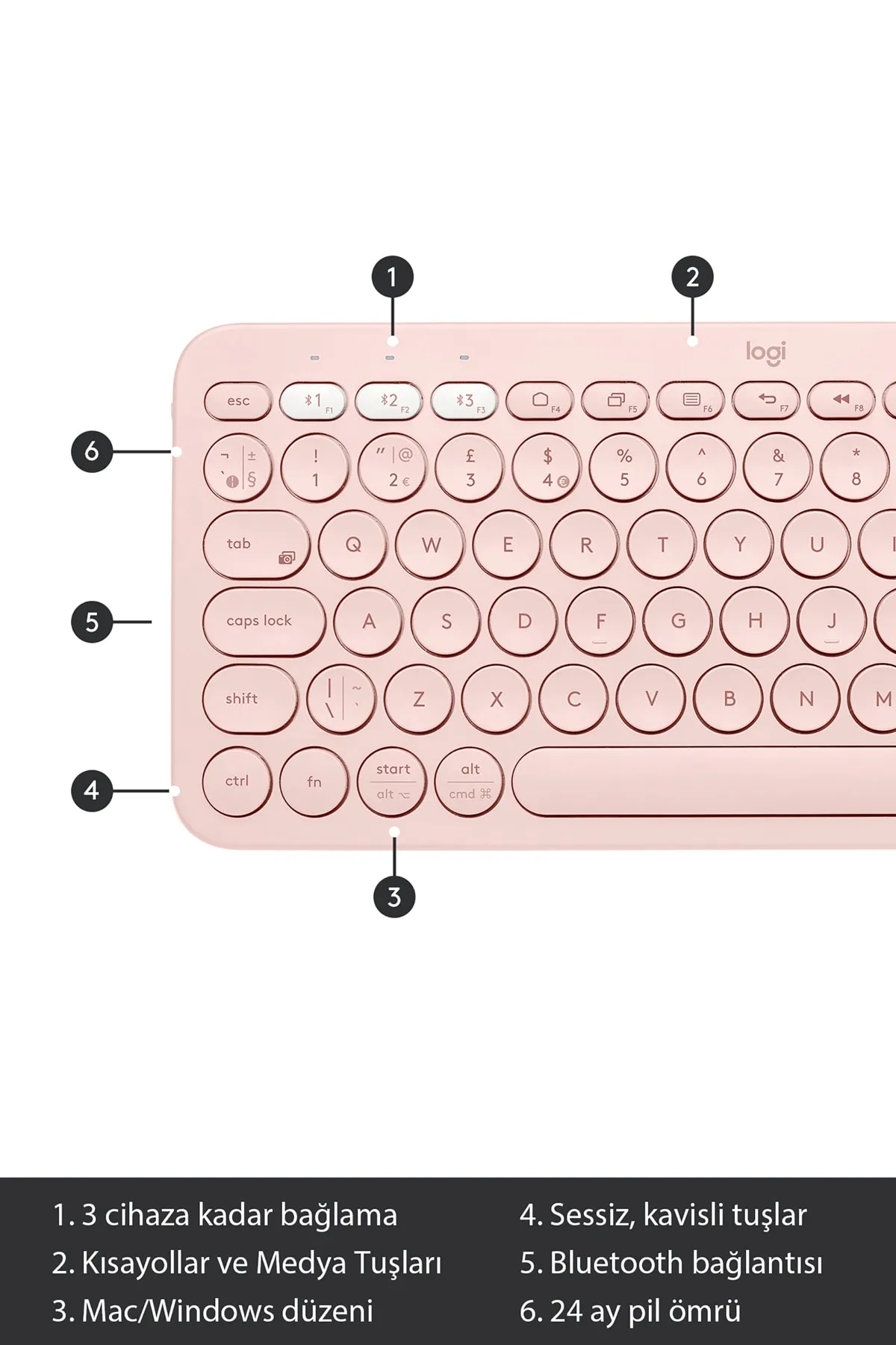 Logitech K380 Kompakt Kablosuz Bluetooth Türkçe Q Klavye - Pembe