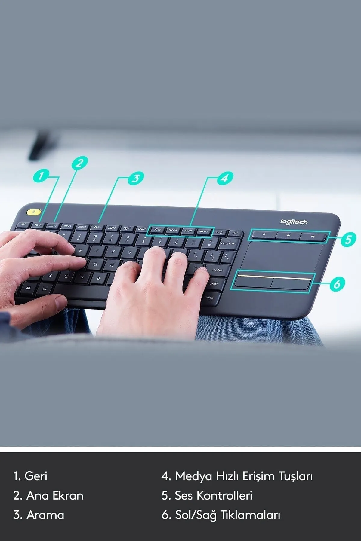 Logitech K400 Plus Dokunmatik Yüzeyli USB Bağlantılı Türkçe Q TV Klavyesi - Siyah