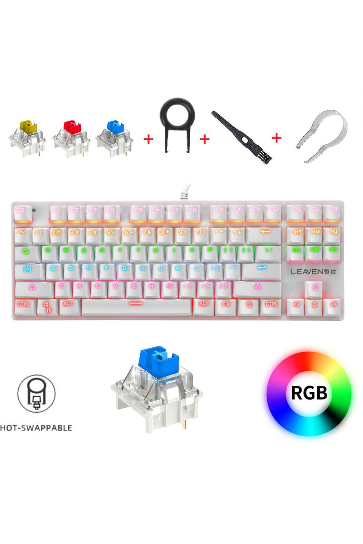 Leaven K550 Mekanik Oyuncu Klavyesi-Değiştirilebilir Switch-Rainbow RGB Aydınlatma-87 Tuş