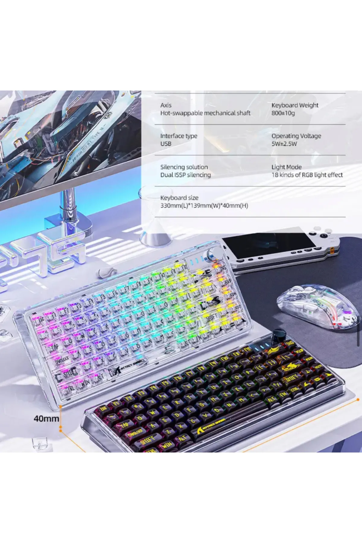 Attack Shark K75 Profesyonel White Switch Rgb Oyun Klavyesi Gaming Mekanik 81 Tuşlu Şeffaf Oyuncu Klavyesi Hot