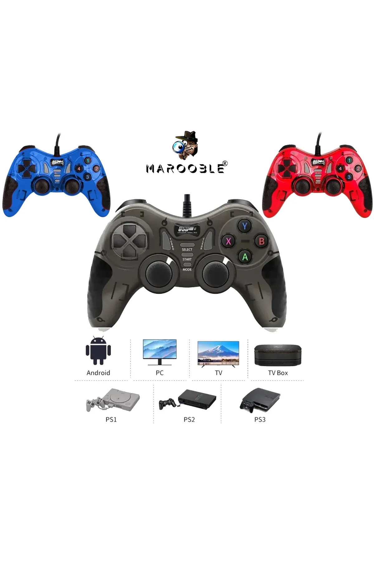 Marooble Kablolu GamePad Uyumlu  PC TV PS1 PS2 PS3 USB Oyun Kolu 1 Adet Siyah