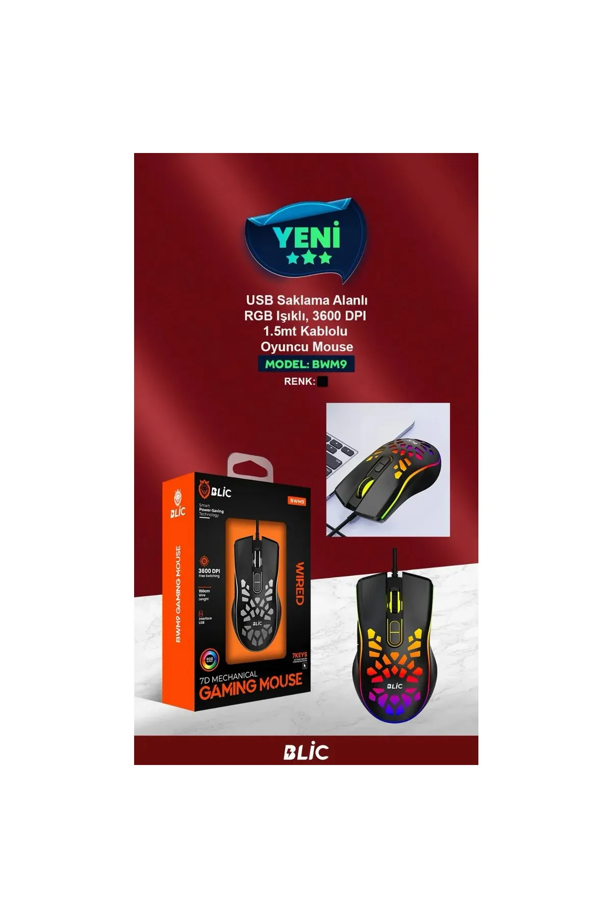 Blic Kablolu Işıkl Gaming Mouse  Rgb 3600 Dpi