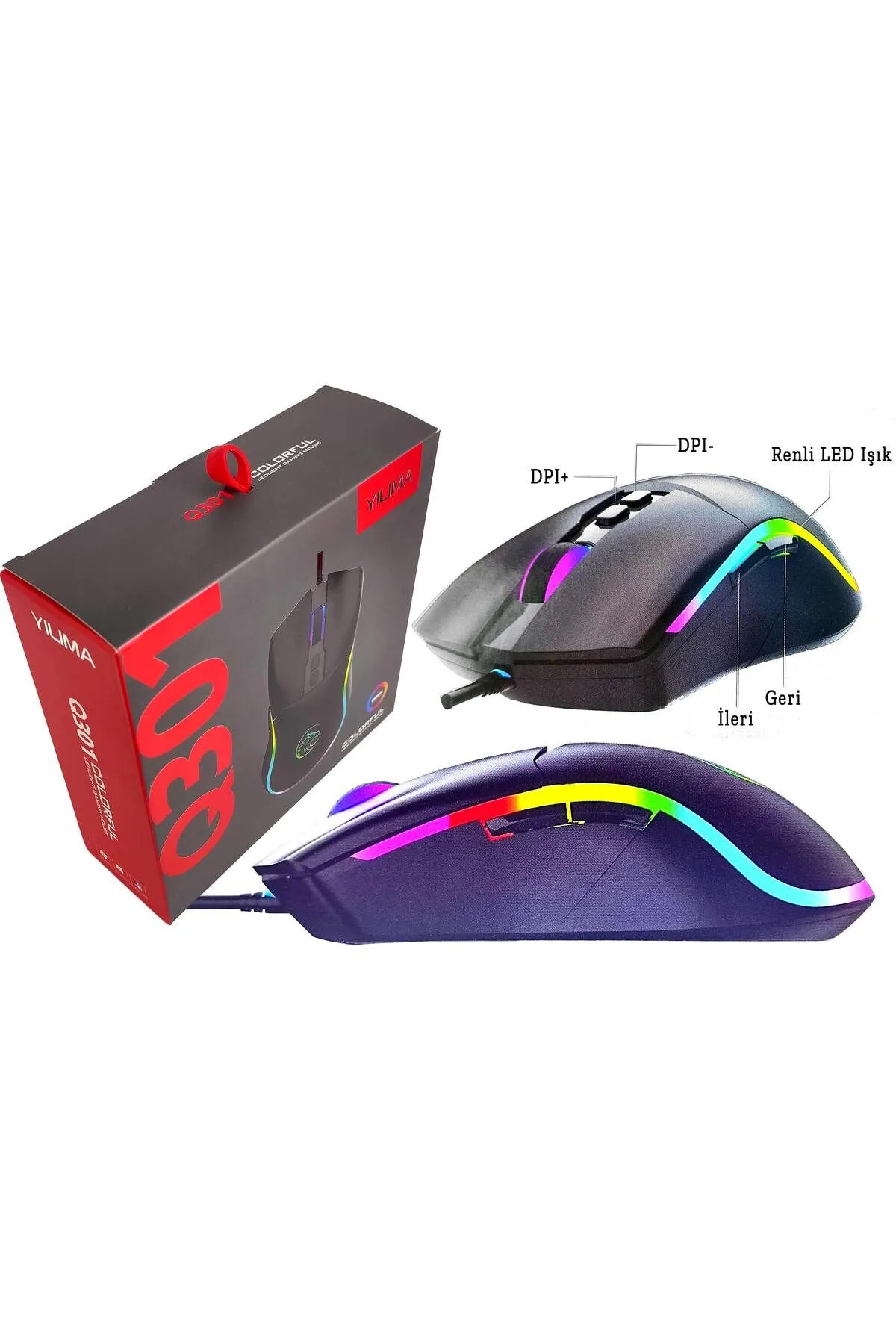 Apera Kablolu Oyuncu Mouse Renkli Rgb LED Işıklı USB Optik Ergonomik Gaming 7 Tuş Fonksiyonlu Fare Q301