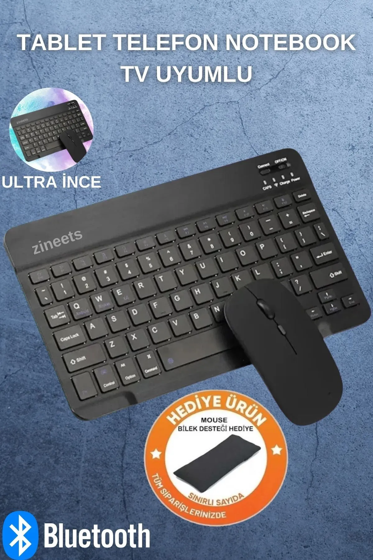 Zineets Kablosuz Şarjlı Bluetooth Klavye Mouse Seti Ultra Slim Tablet Telefon Windows Uyumlu