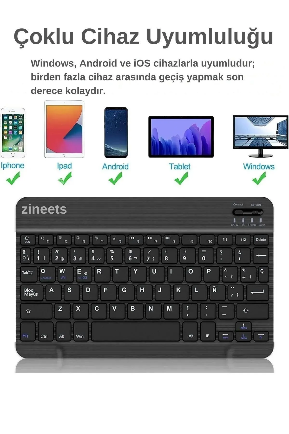 Zineets Kablosuz Şarjlı Bluetooth Klavye Mouse Seti Ultra Slim Tablet Telefon Windows Uyumlu