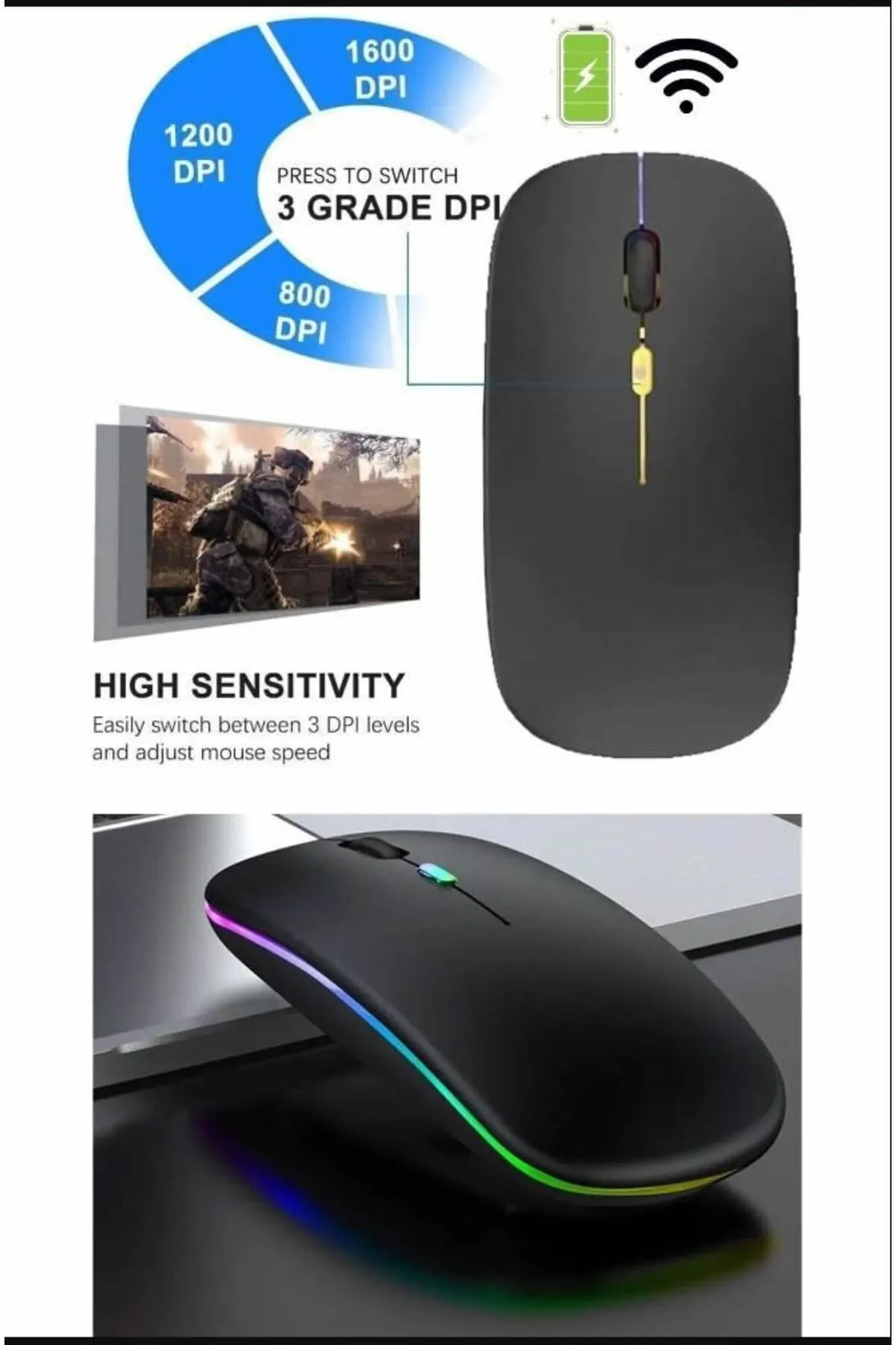 Osqar Kablosuz Fare Wireless Mouse 4 Tuşlu Renk Sessiz Şarj Edilebilir Dpı Kontrol