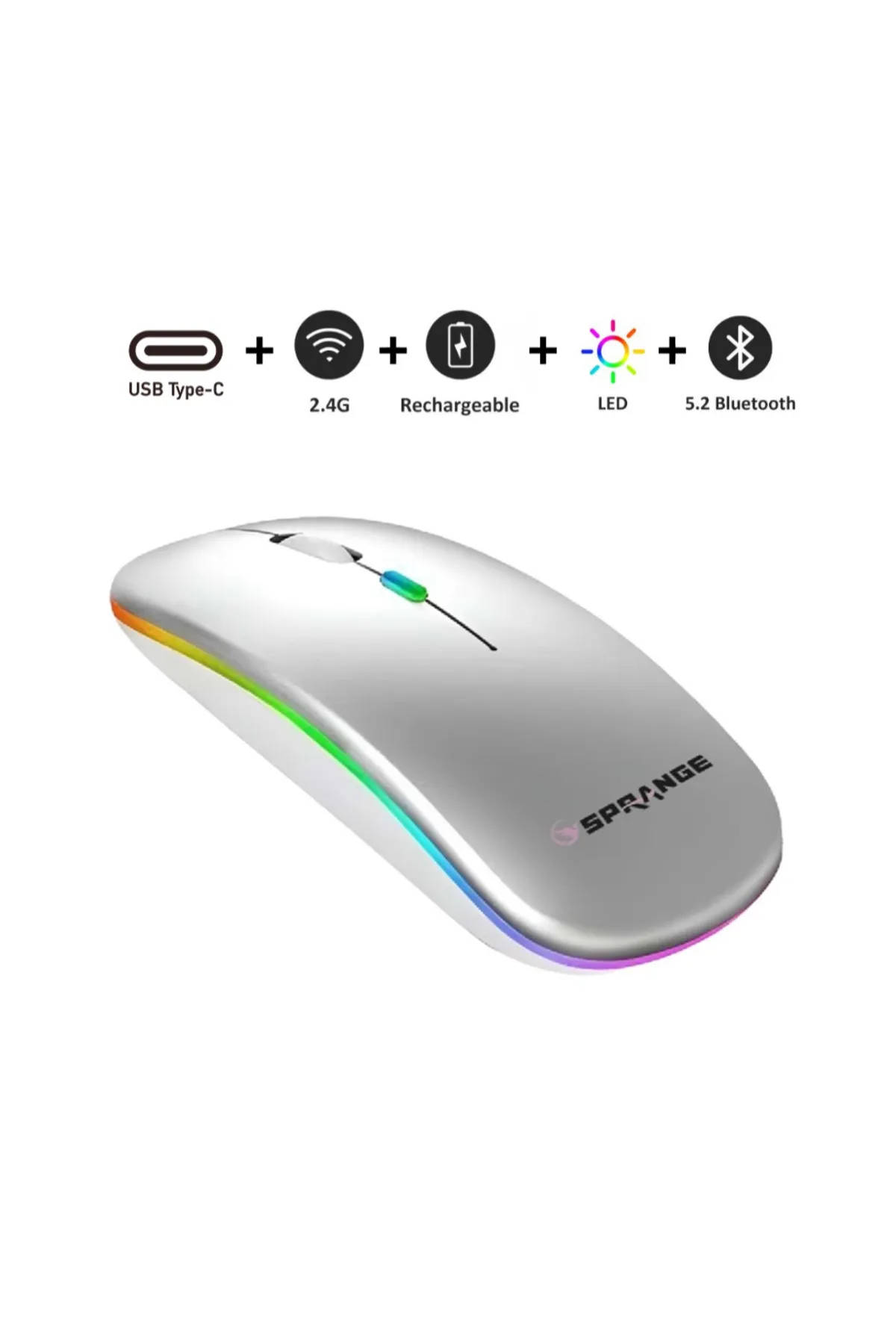 Sprange Kablosuz Fare Wireless Mouse, Bluetooth 5.2, Şarjlı, Ergonomik, Type-c, 800/1200/1600 Dpı, Led Işık