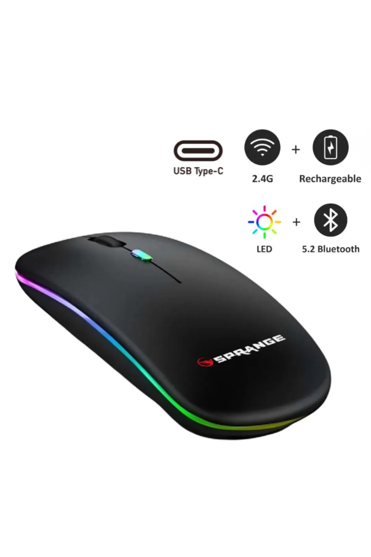 Sprange Kablosuz Fare Wireless Mouse - Bluetooth, Ergonomik, Led Işıklı, Uzun Pil Ömrü, Type-c