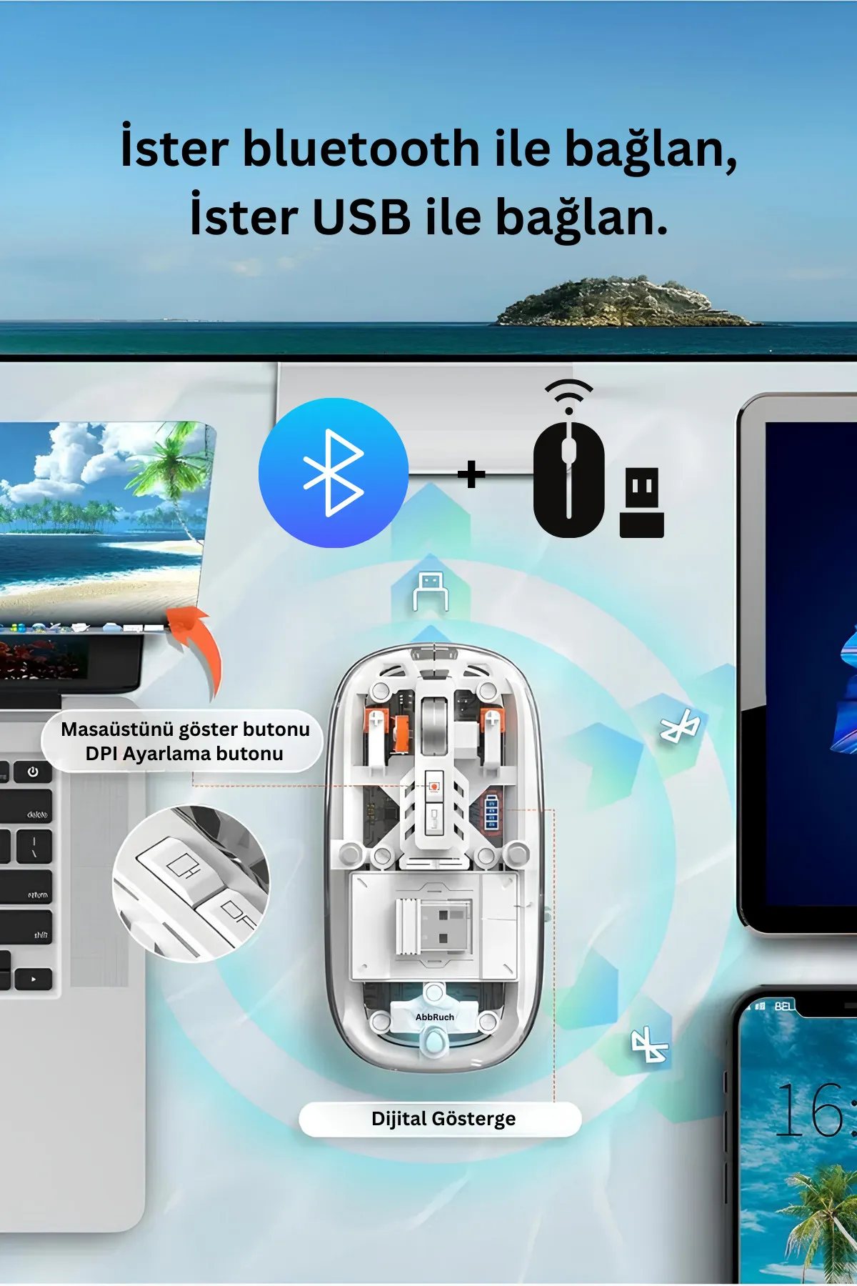 Abbruch Kablosuz Fare Wireless Optik Mouse 5 Tuşlu Çift Modlu Usb 2.4g Sessiz Şarj Edilebilir Dpı Kontrol