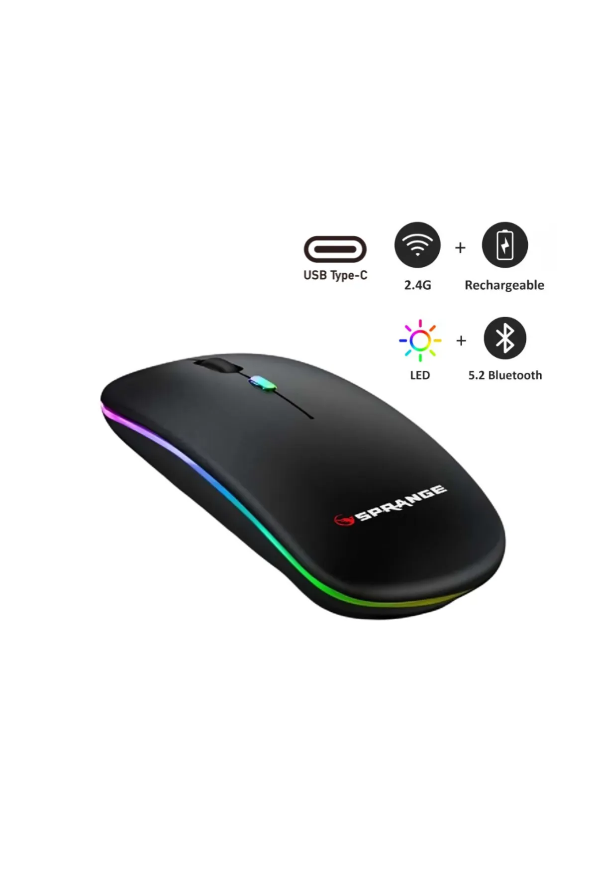 Sprange Kablosuz Mouse Bluetooth, Şarjlı, Ergonomik, 500 Mah, 800/1200/1600 Dpı, Led Işık, Type-c