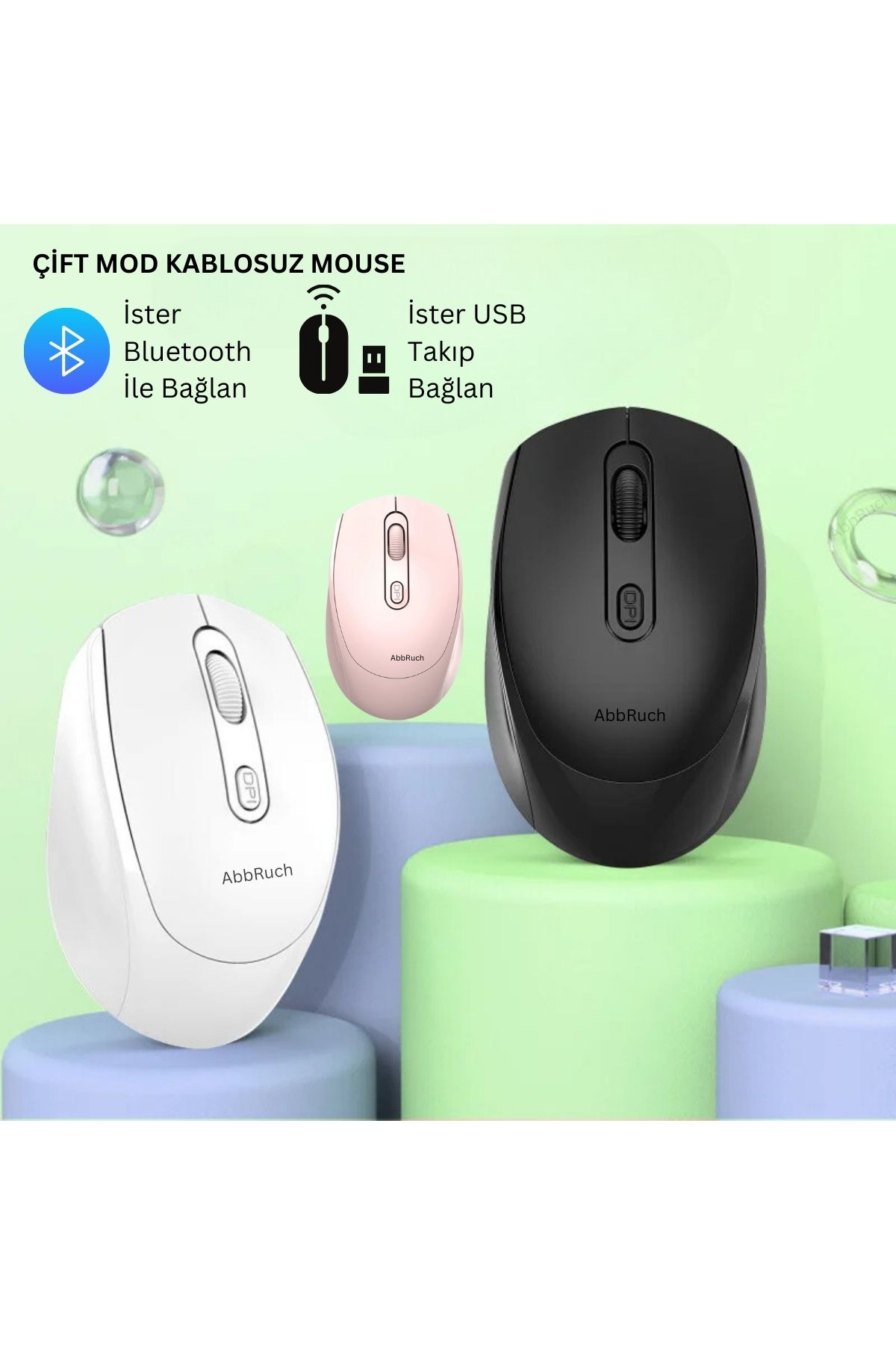 Abbruch Kablosuz Mouse Bluetooth Wireless Çift Mod'lu USB 2.4g Şarj Edilebilir 800/1200/1600dpi Işıklı Fare