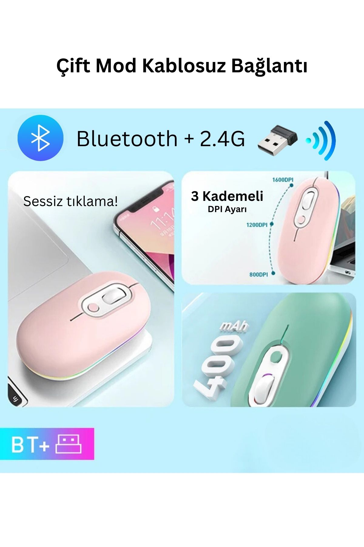 Abbruch Kablosuz Mouse Bluetooth Wireless  Çift Mod'lu USB 2.4g Şarj Edilebilir 800/1200/1600dpi Rgb Fare