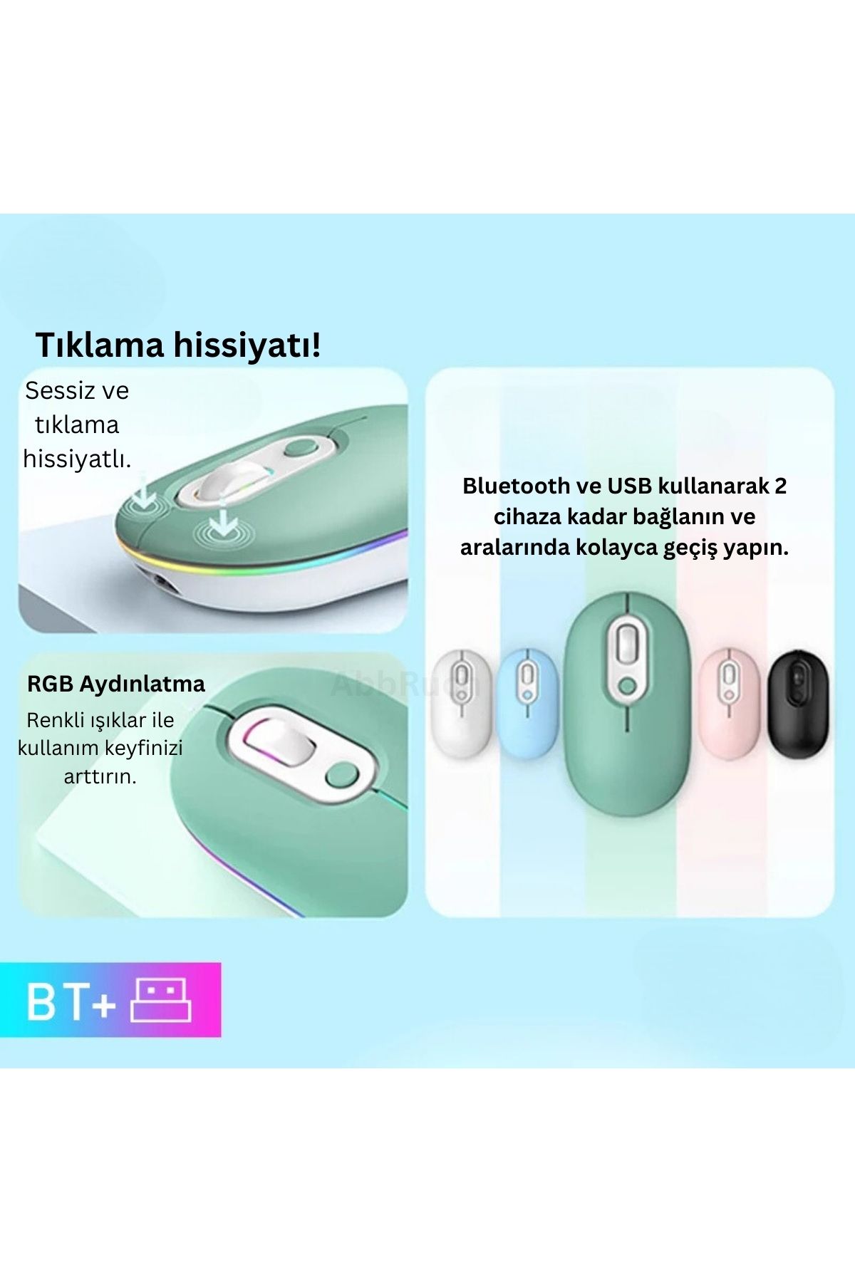 Abbruch Kablosuz Mouse Bluetooth Wireless  Çift Mod'lu USB 2.4g Şarj Edilebilir 800/1200/1600dpi Rgb Fare