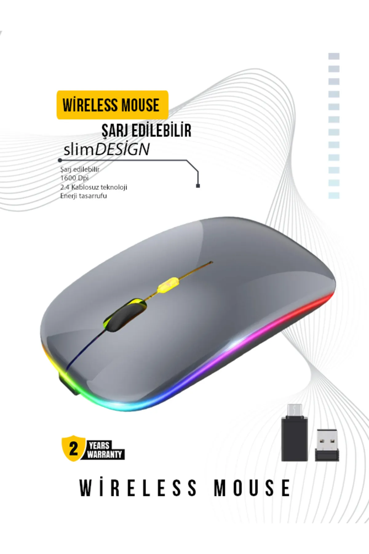 wirelessshop Kablosuz Mouse Wireless 4 Tuşlu Rgb Işıklı Sessiz Şarj Edilebilir