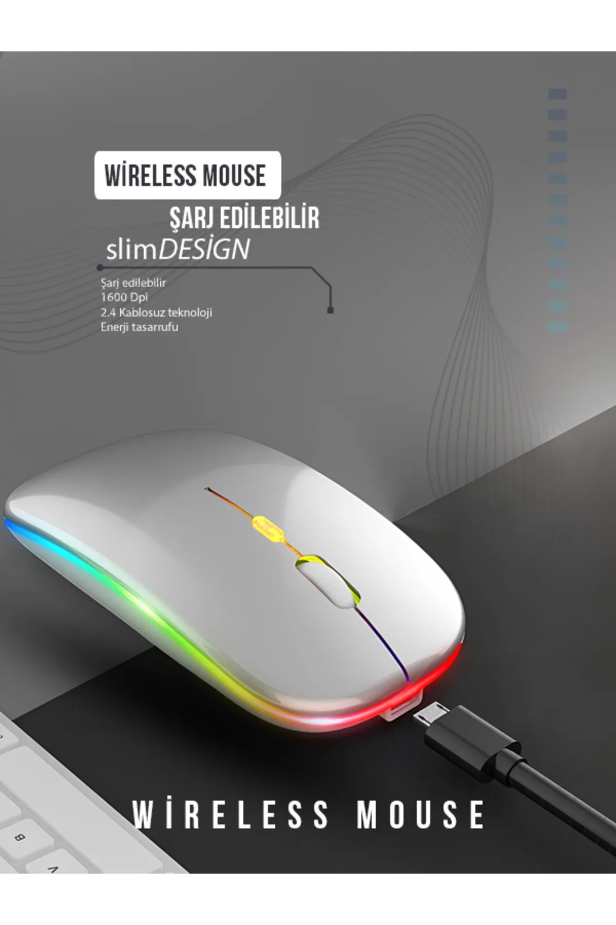 wirelessshop Kablosuz Mouse Wireless 4 Tuşlu Rgb Işıklı Sessiz Şarj Edilebilir