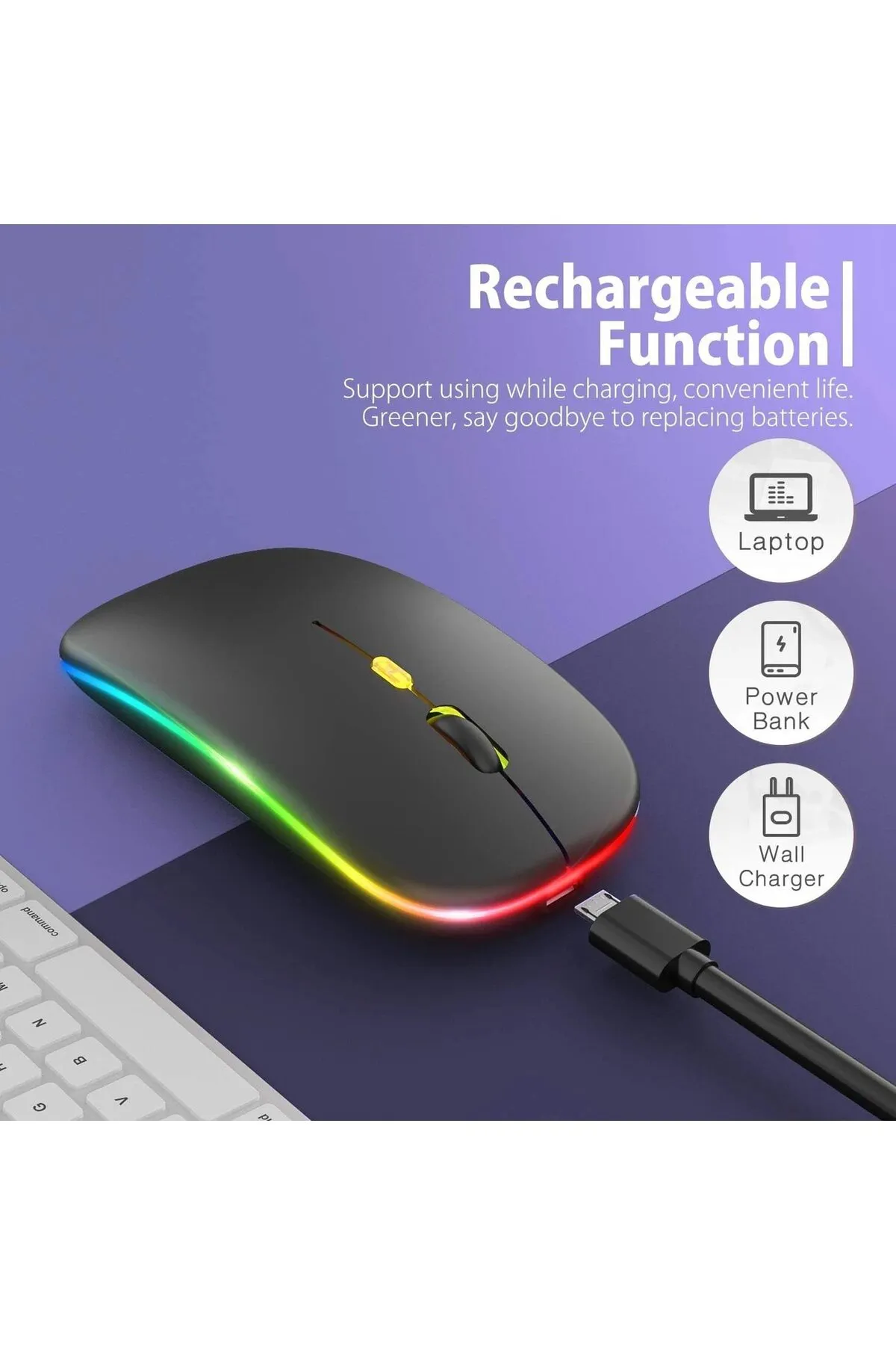 wirelessshop Kablosuz Mouse Wireless 4 Tuşlu Rgb Işıklı Sessiz Şarj Edilebilir