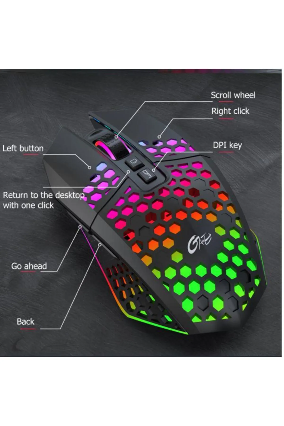 Azemax Kablosuz Oyuncu Mouse Rgb Led 2.4g 8 Buton 1600dpi Şarj Edilebilir