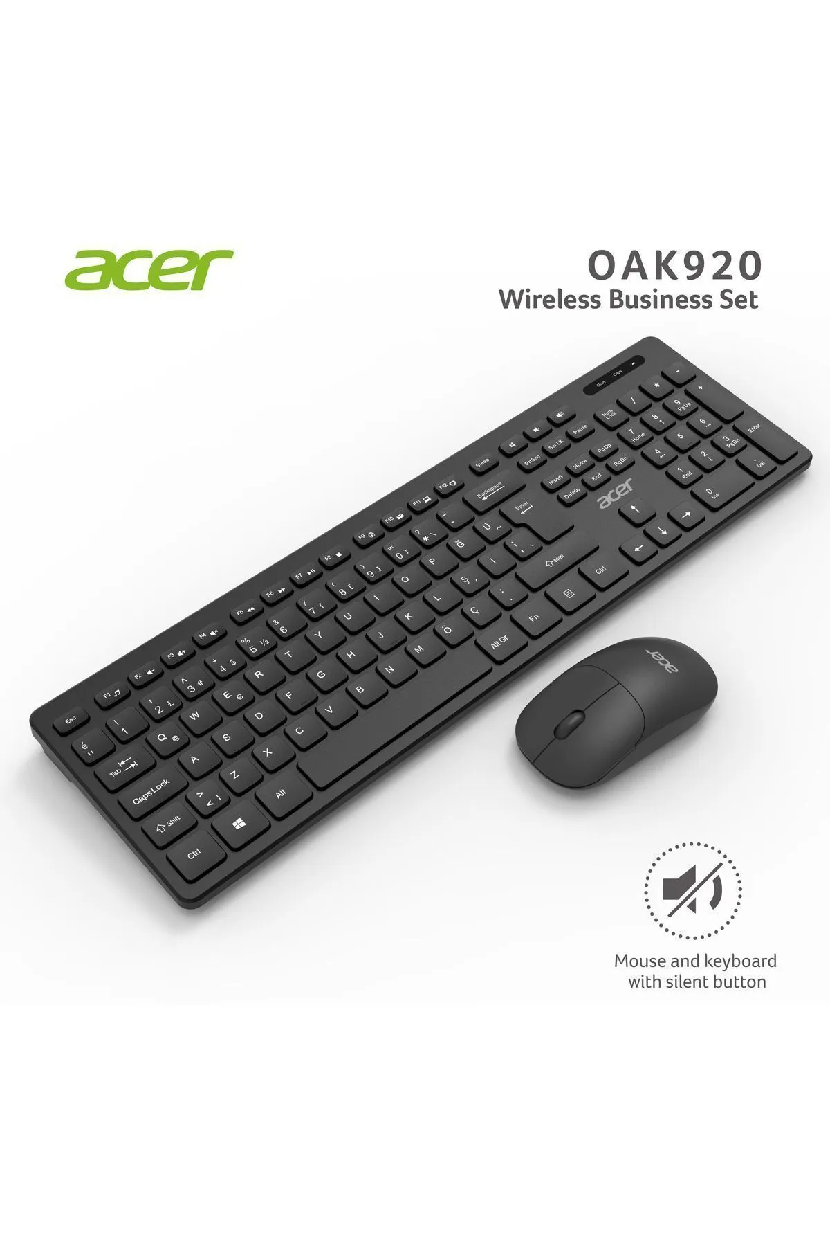 Acer Kablosuz Sessiz Tuşlu Klavye Moue Set Siyah Oak-920