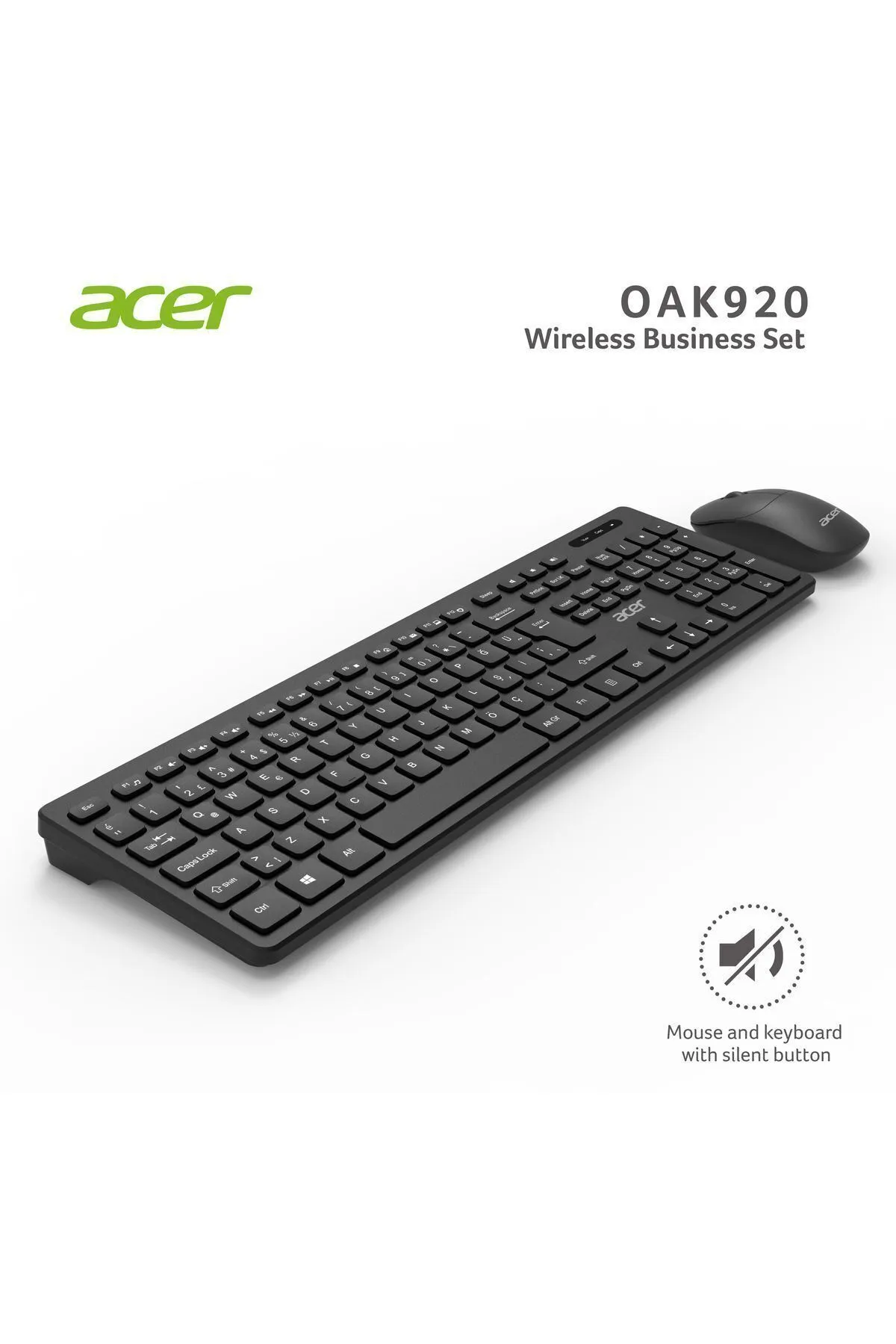 Acer Kablosuz Sessiz Tuşlu Klavye Moue Set Siyah Oak-920