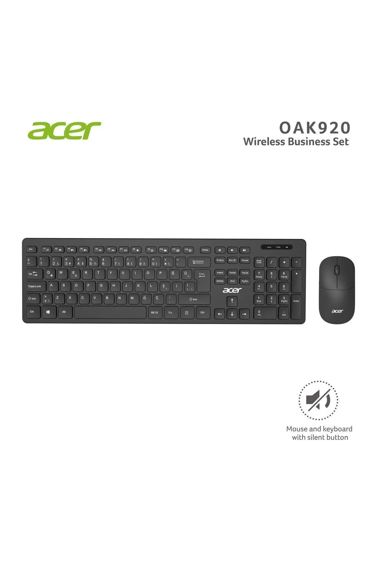 Acer Kablosuz Sessiz Tuşlu Klavye Moue Set Siyah Oak-920