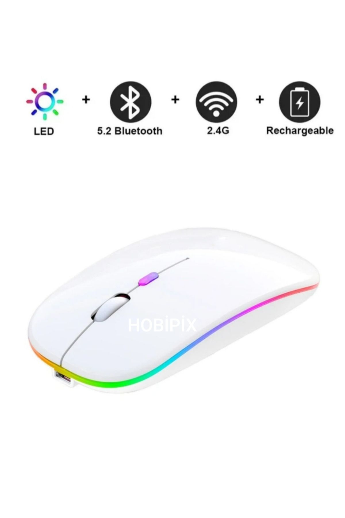 HOBİPİX Kablosuz Wireless 4 Tuşlu RGB Işıklı Sessiz Mouse Beyaz