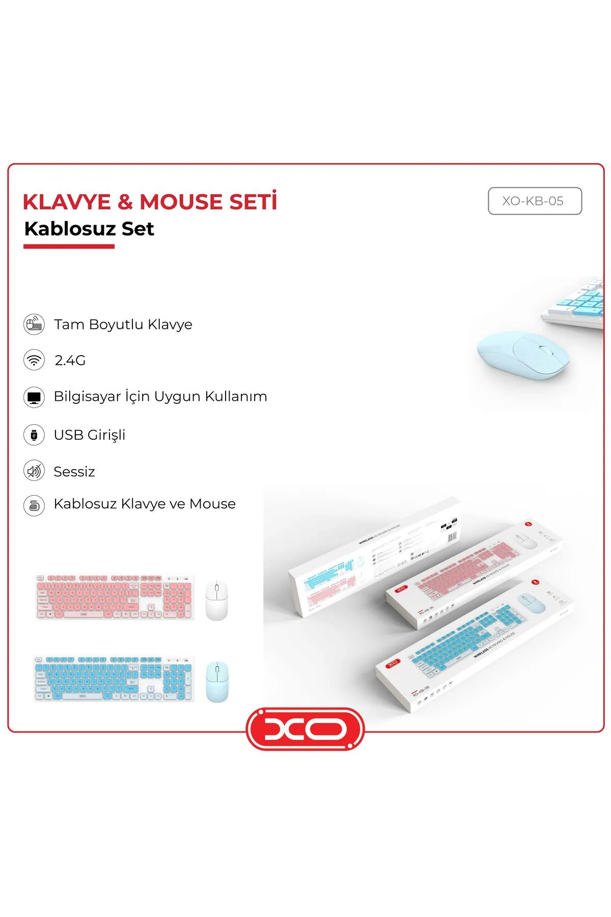 Xo Kablosuz Wireless Sessiz Güç Tasarruflu Renkli Slim Ince Klavye Mouse Set Kb-05