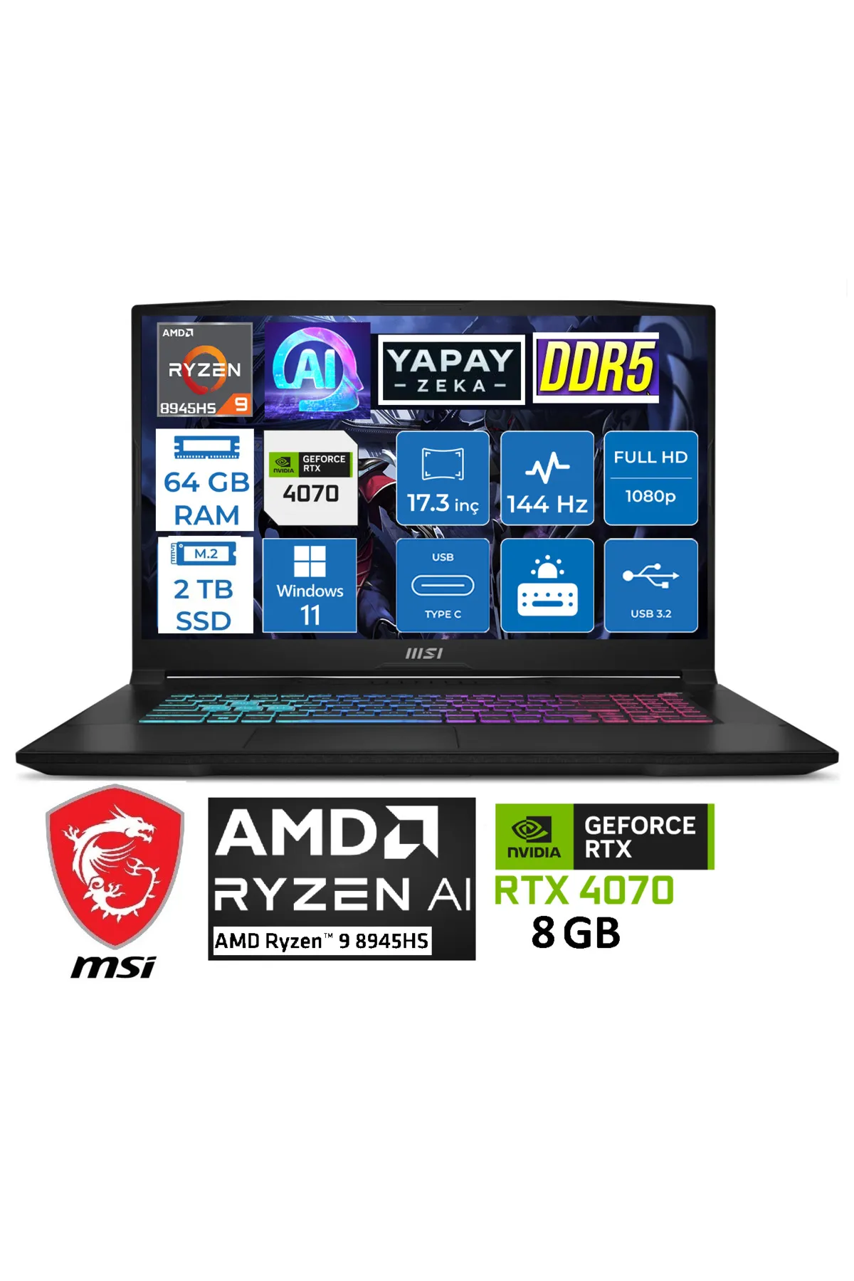 MSI KATANA A17 / 144HZ / 8 GB RTX4070 / RYZEN 9 8945HS / 64 GB DDR5 RAM / 2 TB M.2 SSD / 17.3 FHD