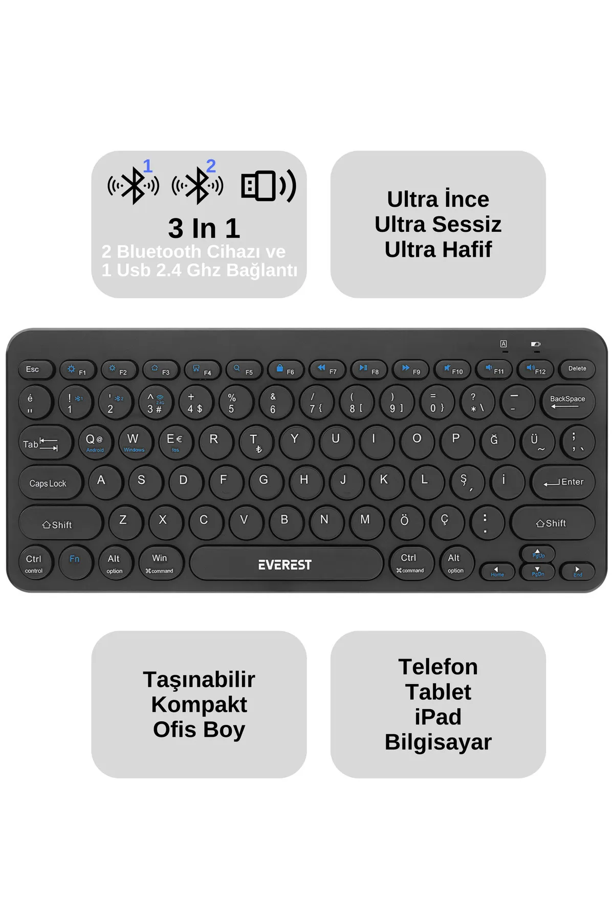 Everest KB-BT16 3 Cihaz Desteği 2.4G+BT1+BT2 Android-Ios-PC Türkçe Q Klavye Kablosuz Klavye Bluetooth Klavye