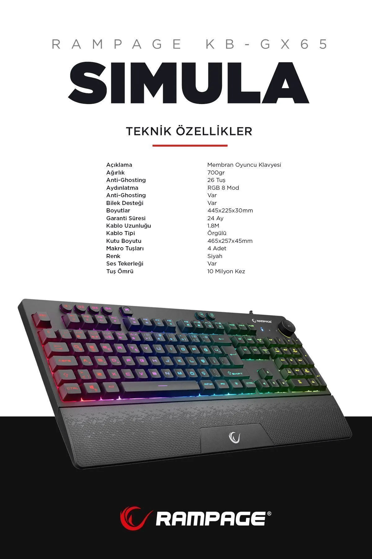 Rampage Kb-gx65 Simula Usb Rgb Aydınlatmalı 4 Makro Tuşlu Bilek Destekli Gaming Oyuncu Klavyesi