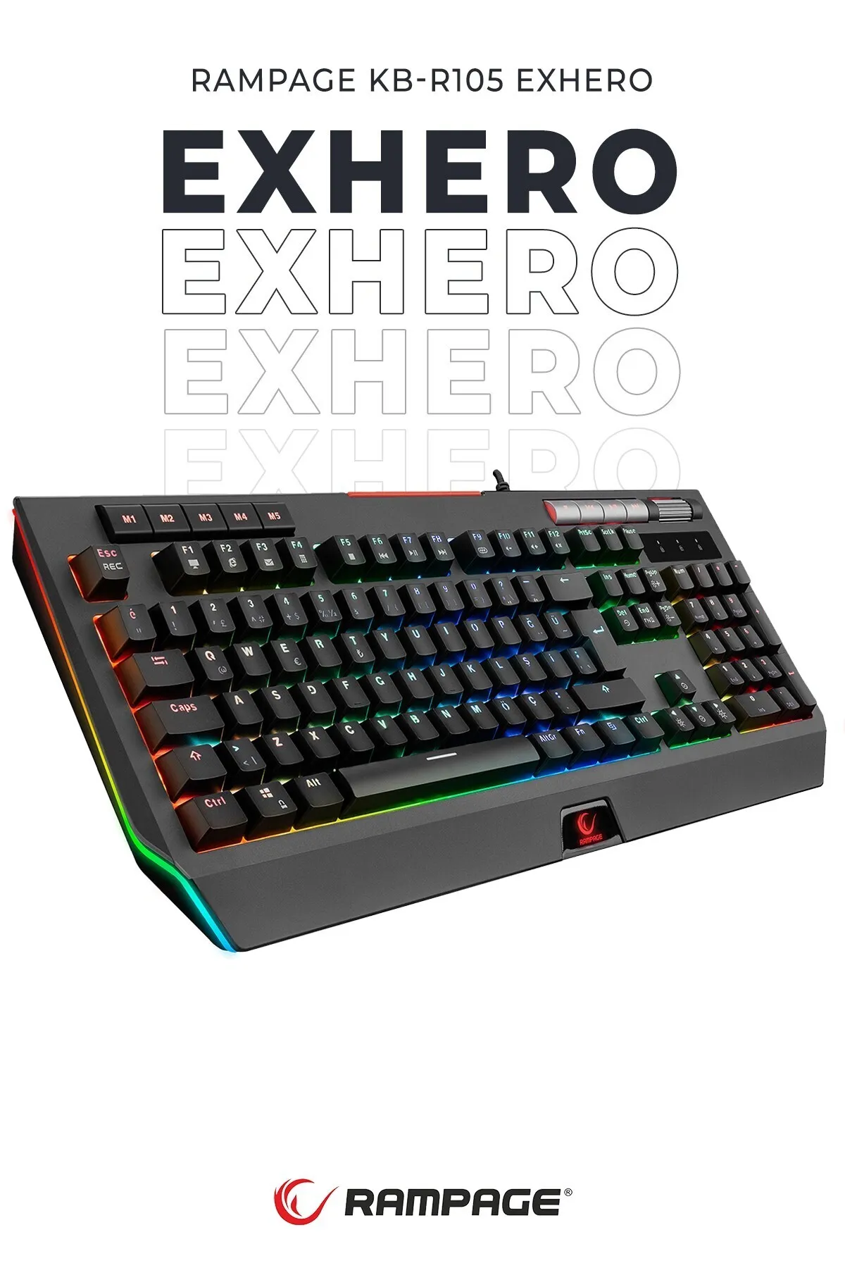 Rampage Kb-r105 Exhero Full Rgb Ledli Outemu Blue Switch 5 Makro Tuşlu Standlı Türkçe Gaming Oyuncu Klavyesi