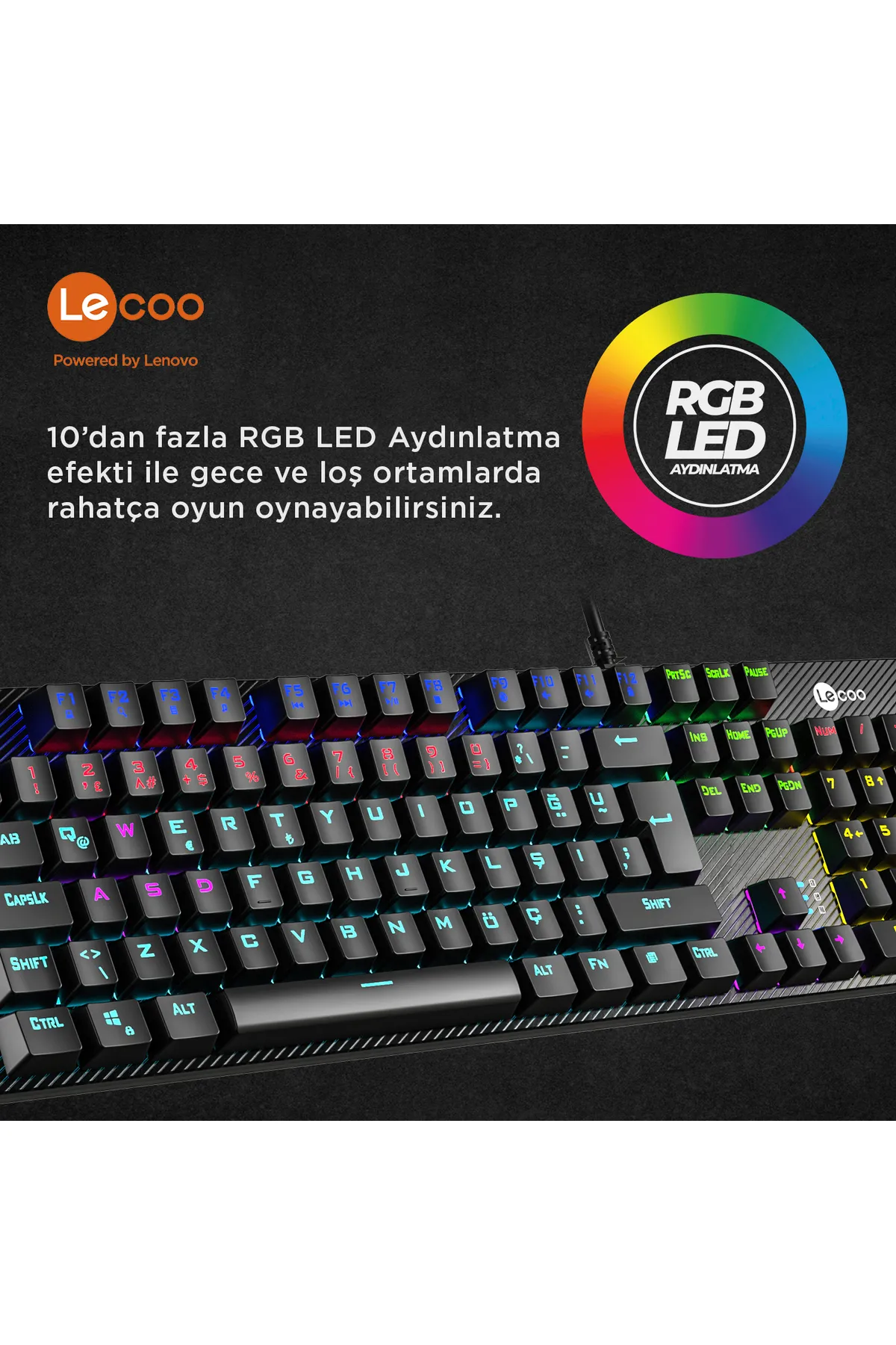 Lecoo Kg1101 Usb Kablolu Blue Switch Rgb Led Aydınlatmalı Makro Tuşlu Gaming Mekanik Türkçe Q Klavye Siyah