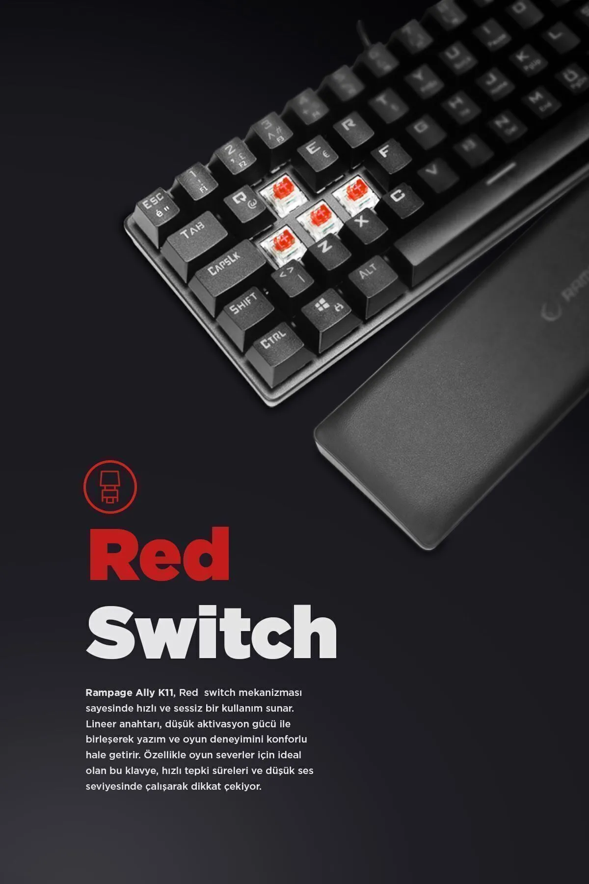 Rampage Klavye Oyuncu Klavyesi Kırmızı 12 Işık Modlu Red Switch Mekanik Antighosting Bilek Destekli Ally K11