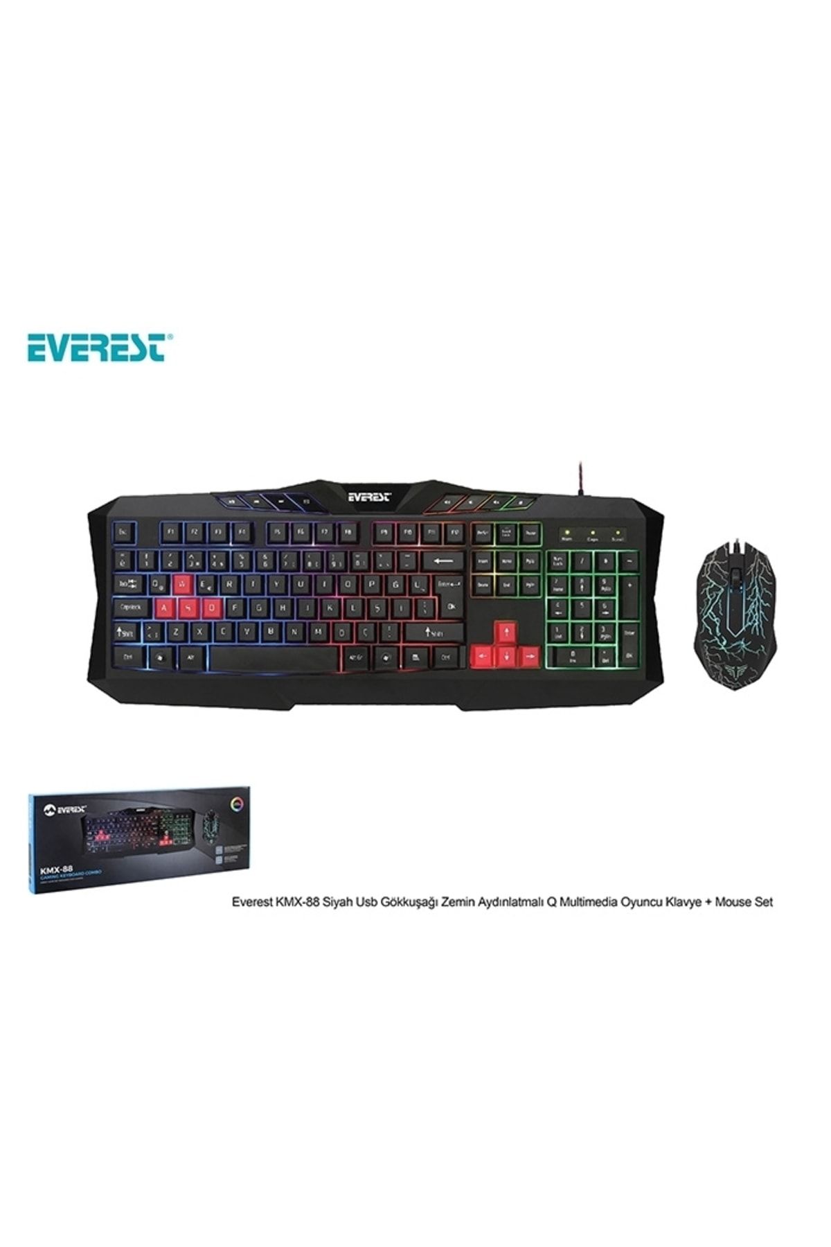 Everest Kmx-88 Siyah Usb Gökkuşağı Zemin Aydınlatmalı Q Multimedia Oyuncu Kablolu Klavye + Mouse Set