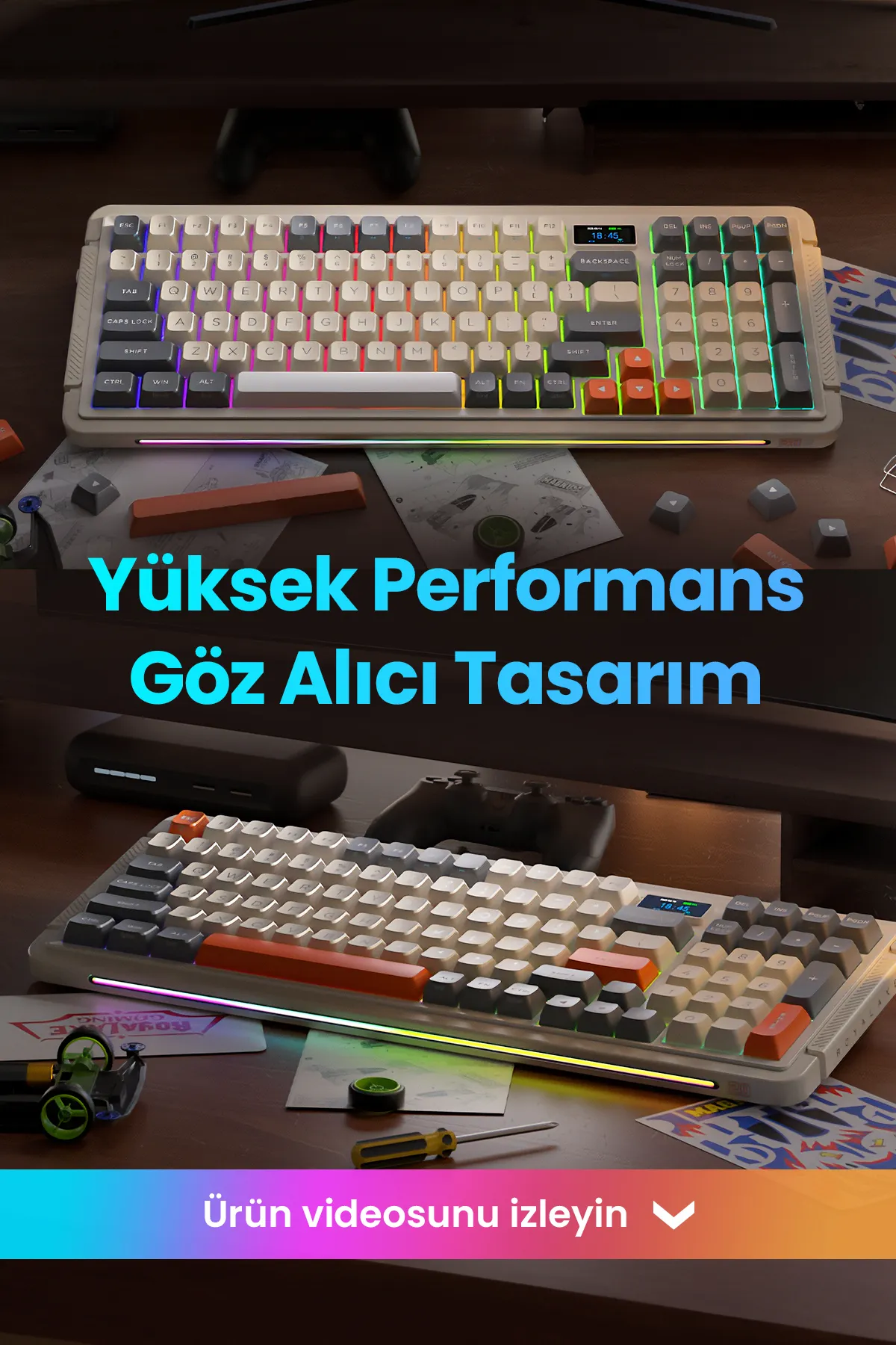 ROYALAXE L98 PRO Gaming Mekanik Oyuncu Klavyesi, RGB Aydınlatma, Kablolu ve Kablosuz Kullanım, İngilizce Q