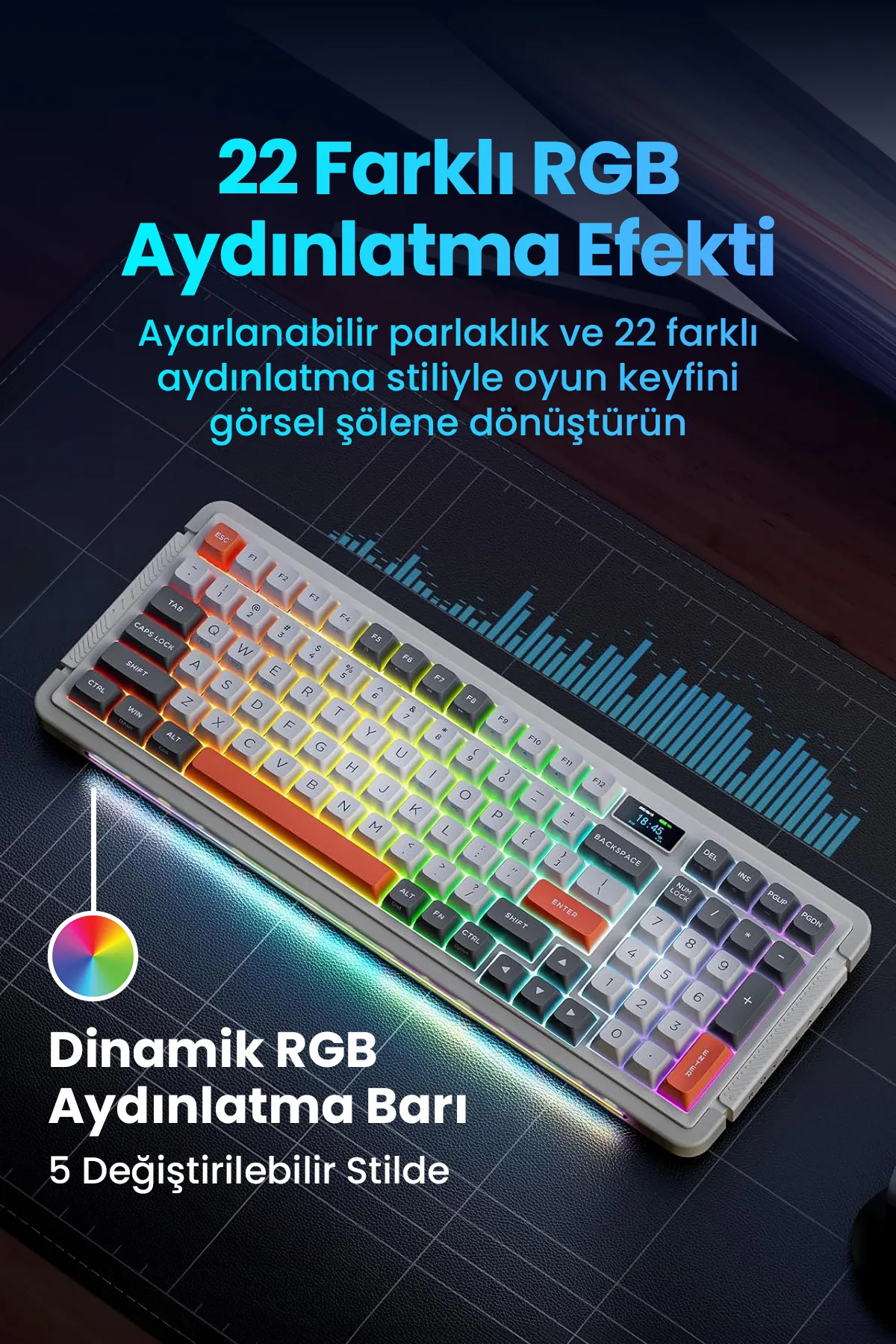 ROYALAXE L98 PRO Gaming Mekanik Oyuncu Klavyesi, RGB Aydınlatma, Kablolu ve Kablosuz Kullanım, İngilizce Q