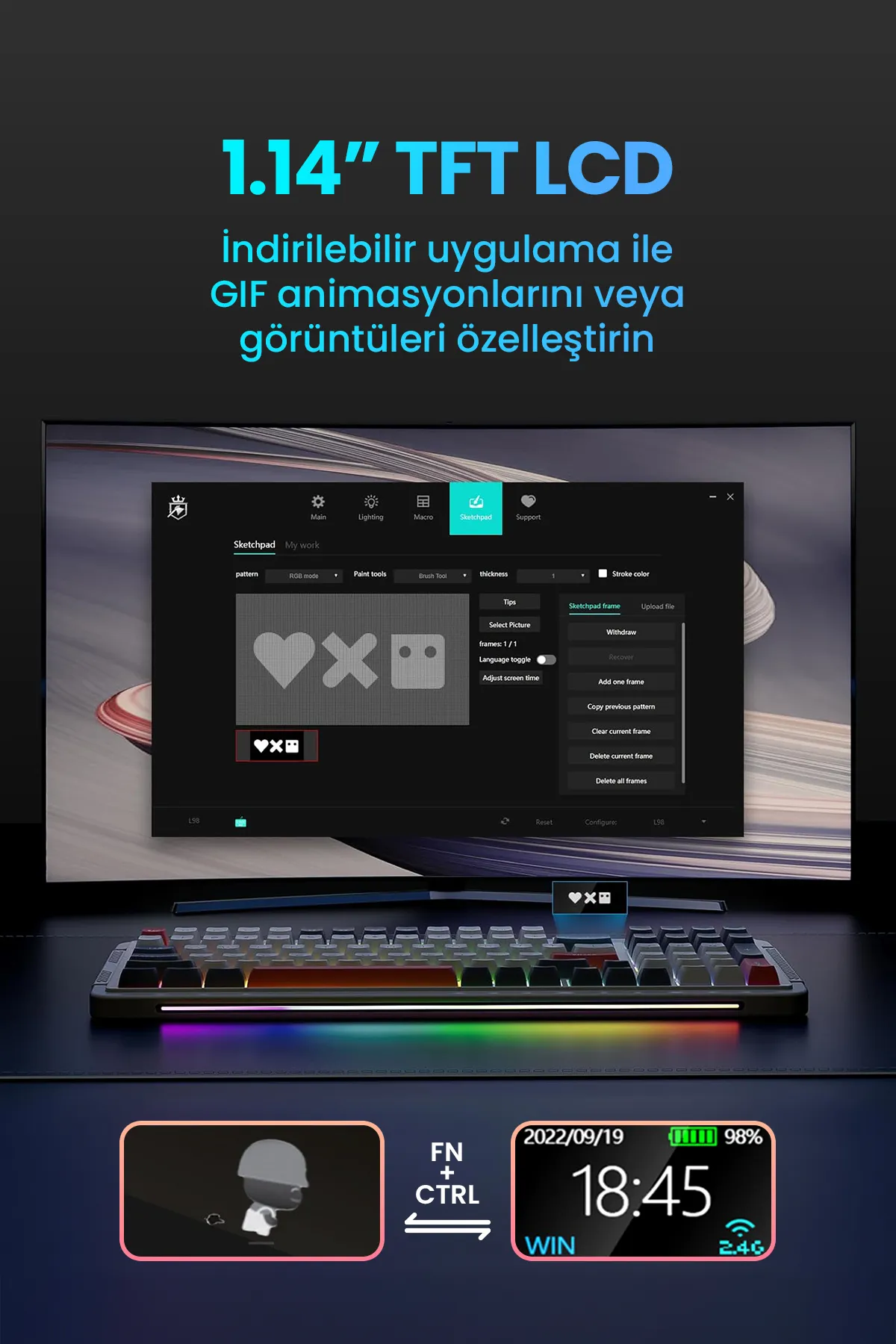 ROYALAXE L98 PRO Gaming Mekanik Oyuncu Klavyesi, RGB Aydınlatma, Kablolu ve Kablosuz Kullanım, İngilizce Q