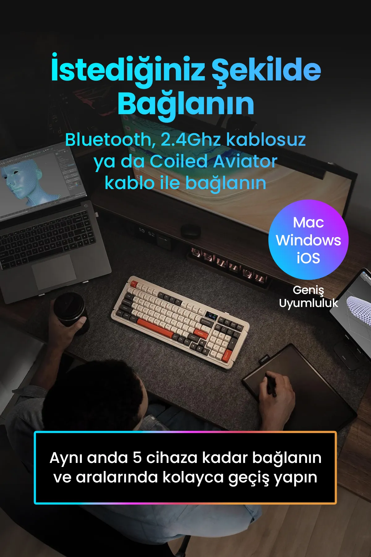 ROYALAXE L98 PRO Gaming Mekanik Oyuncu Klavyesi, RGB Aydınlatma, Kablolu ve Kablosuz Kullanım, İngilizce Q