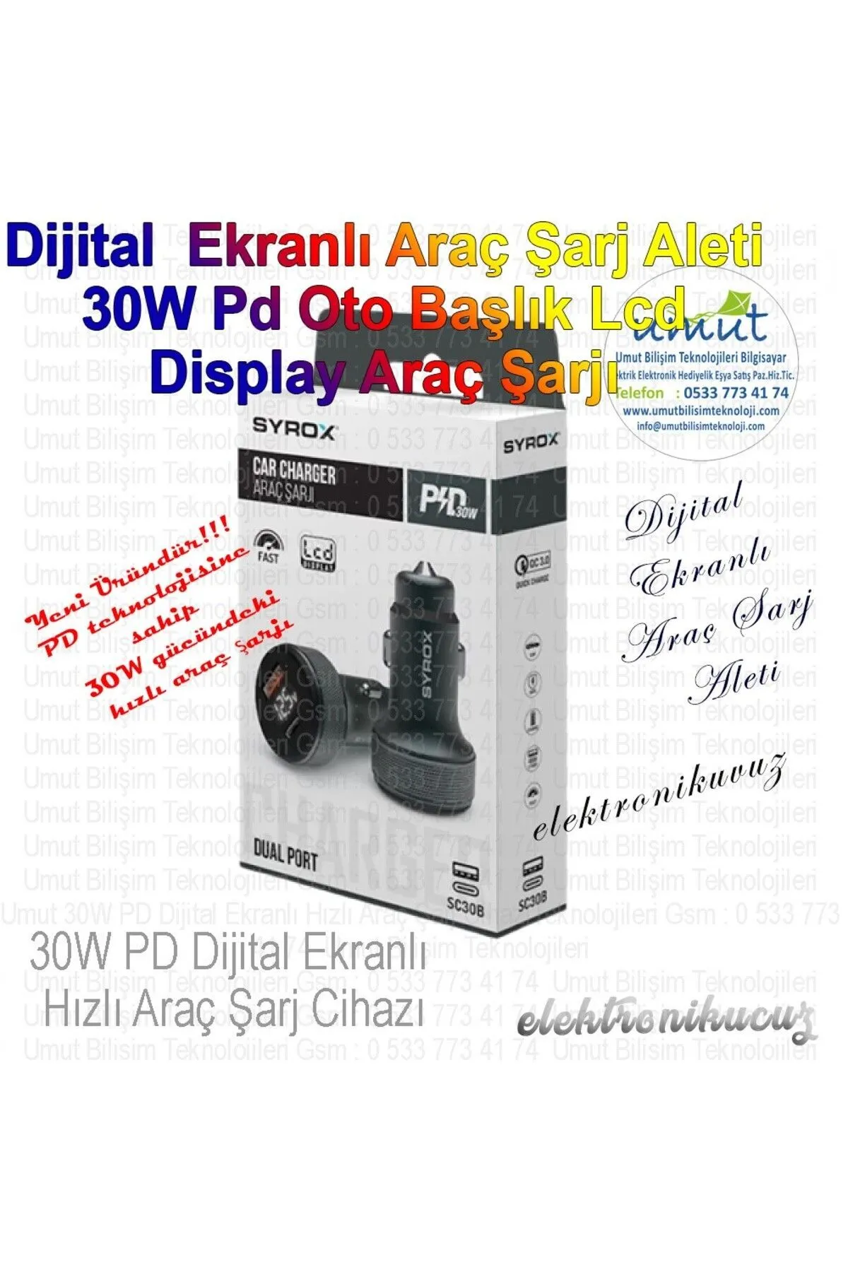 Syrox LCD Ekran 30W Pd Oto Başlık LCD Display Araç Şarjı Pd 30W Dijital Başlıklı Araç Çakmaklık Şarj Aleti