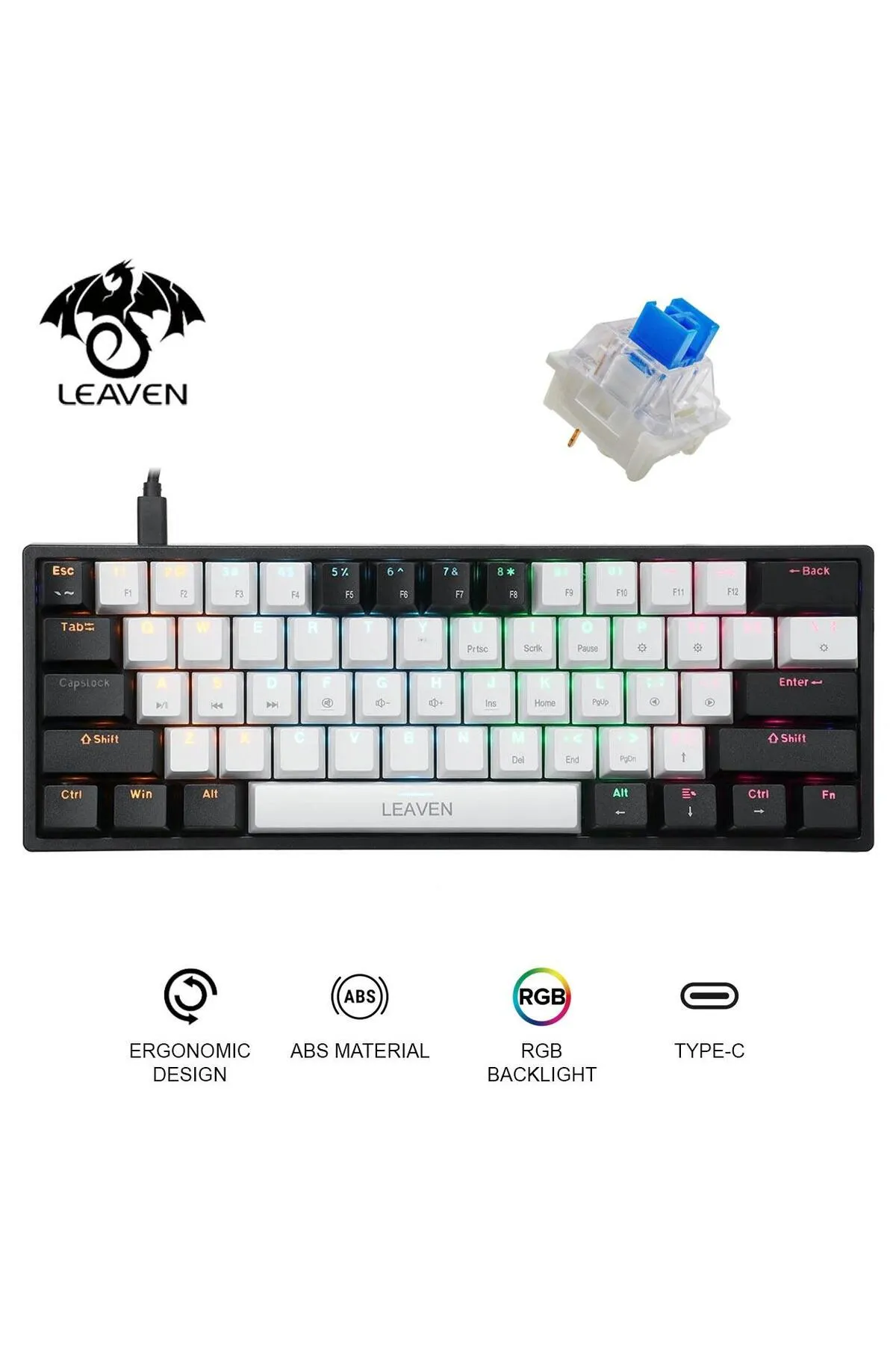 Valkyrie Leaven K620 Blue Switch Mekanik Gaming Oyun Klavyesi Rgb 61 Key Mavi Tuş Type-c Klavye Siya