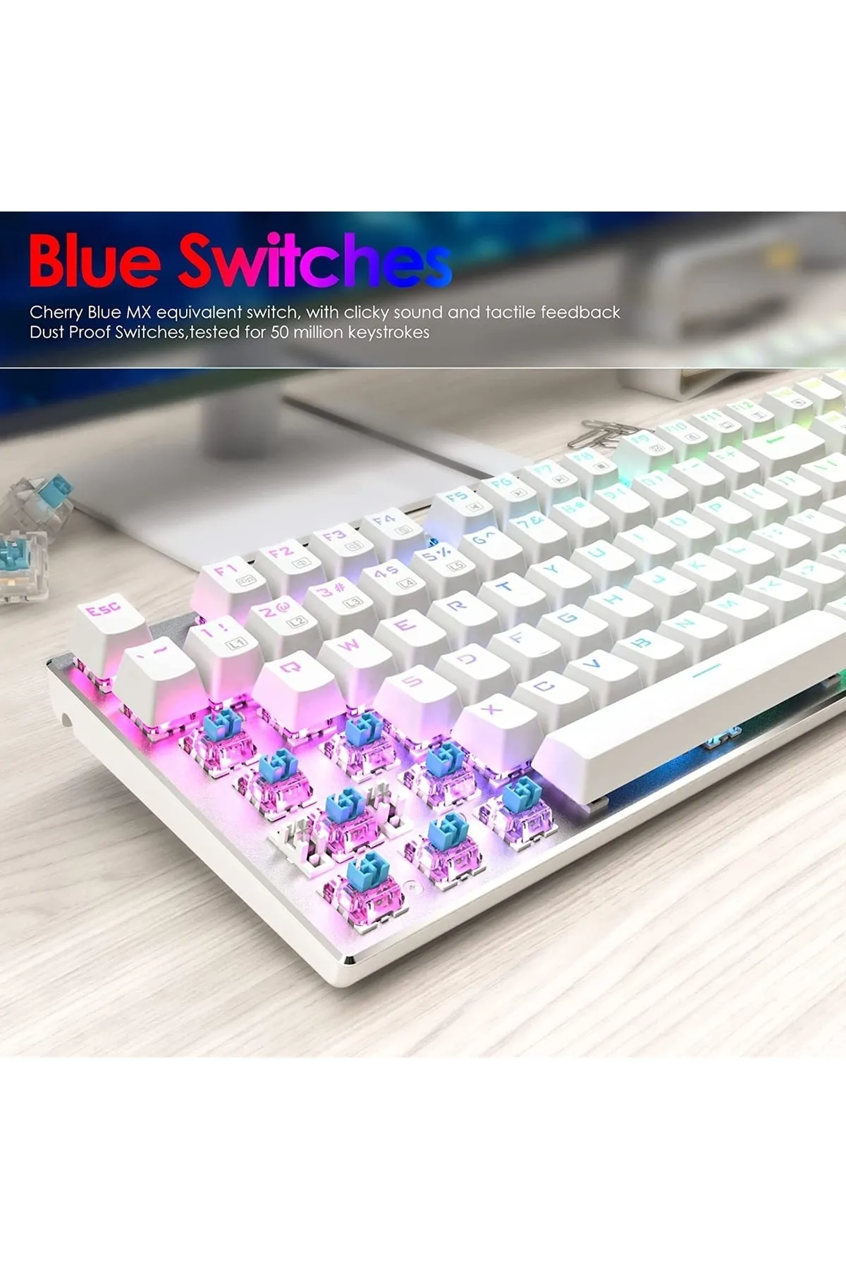 Sarftech Leaven K660 Daktilo Tarzı Beyaz Tam Mekanik Gaming Kablolu Oyuncu Klavyesi - Blue Mavi Switch