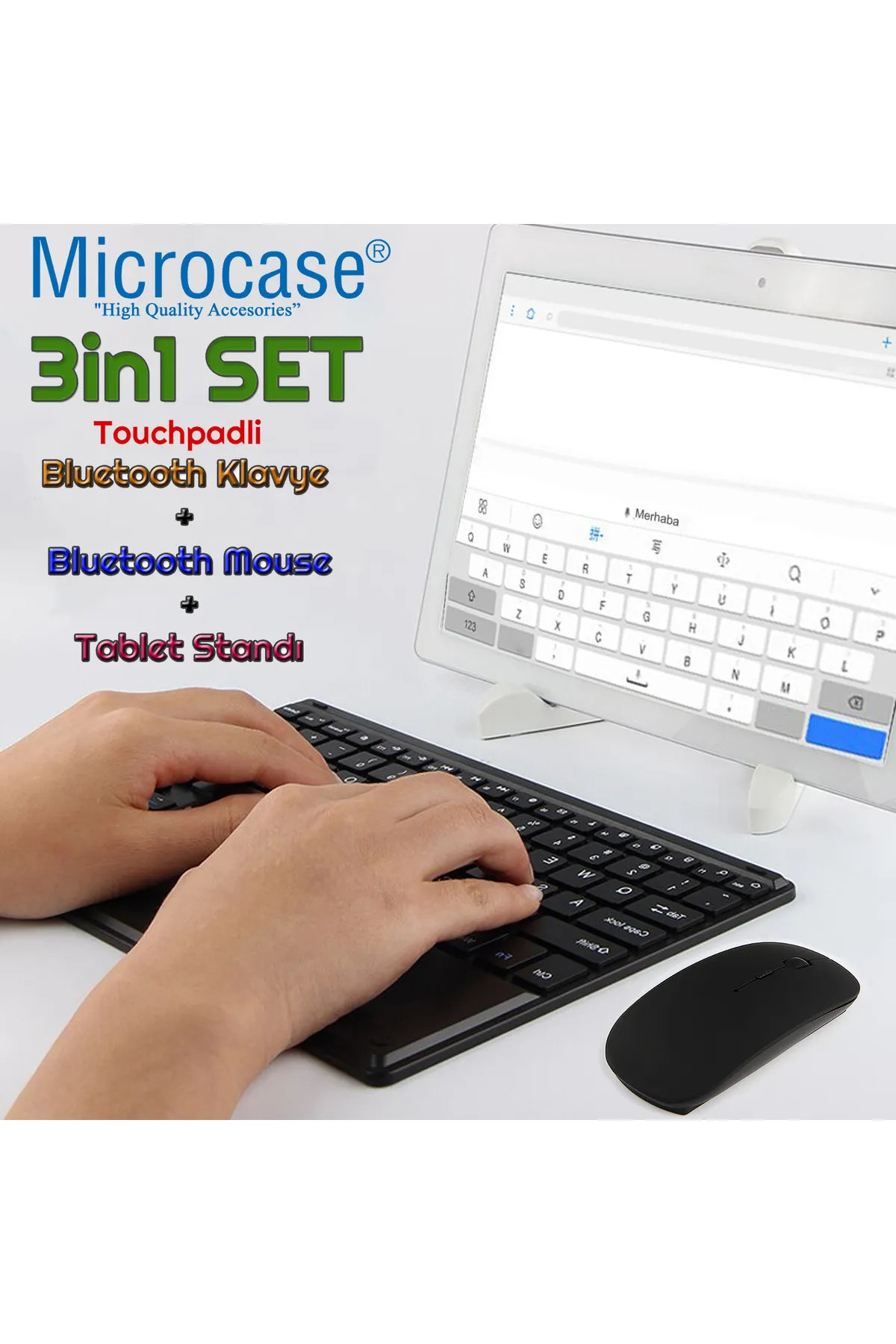 Microcase Lenovo Tab P12 TB370FU 12.7'' İçin Uyumlu Touchpad Bluetooth Klavye 24cm (TR Sticker)+BT Mouse+Stand