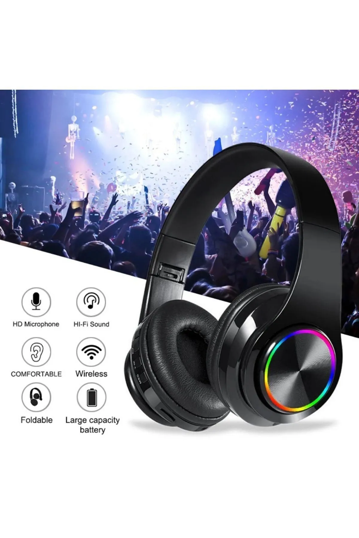 HEJARON LOBO  BK27 Bass Bluetooth Kulaküstü Kulaklık Led Işıklı Mikrofonlu Kablosuz Kulaklık