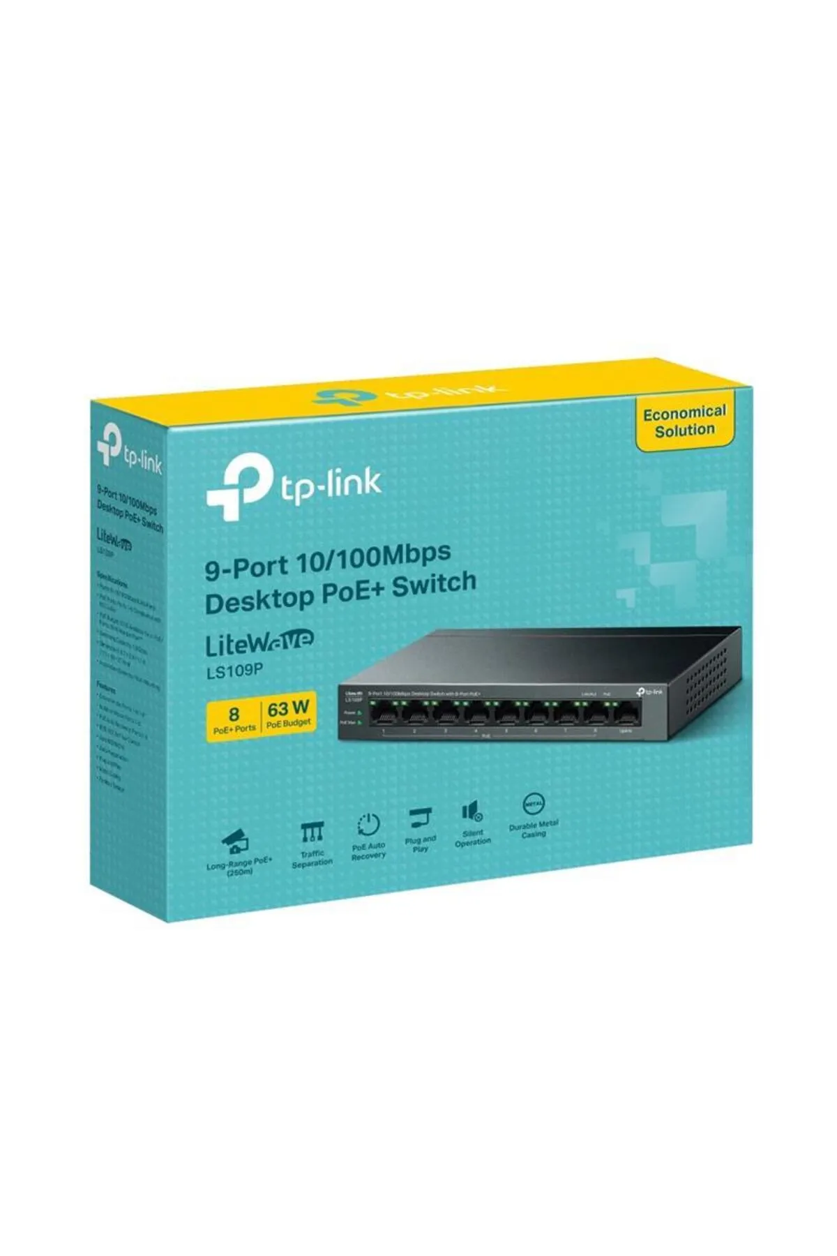 TP-Link Ls109p 8 Port 10/100 1 Port Rj45 Uplınk 63w 250 Metre Poe Mesafe Metal Kasa Swıtch