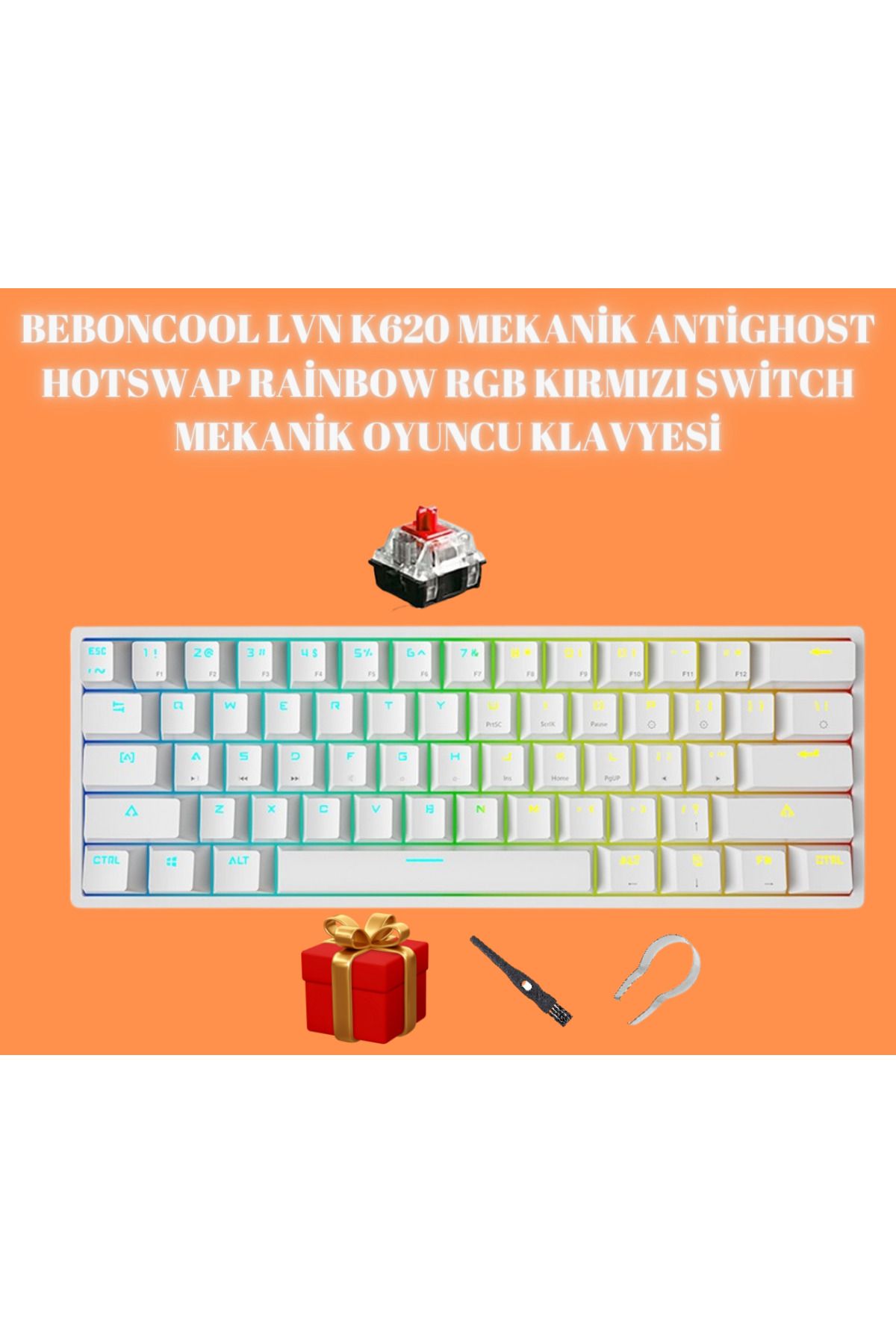 beboncool LVN K620 %60 Kompakt Rainbow RGB Hot Swap AntiGhost Mekanik Oyuncu Klavyesi-Kırmızı Switch