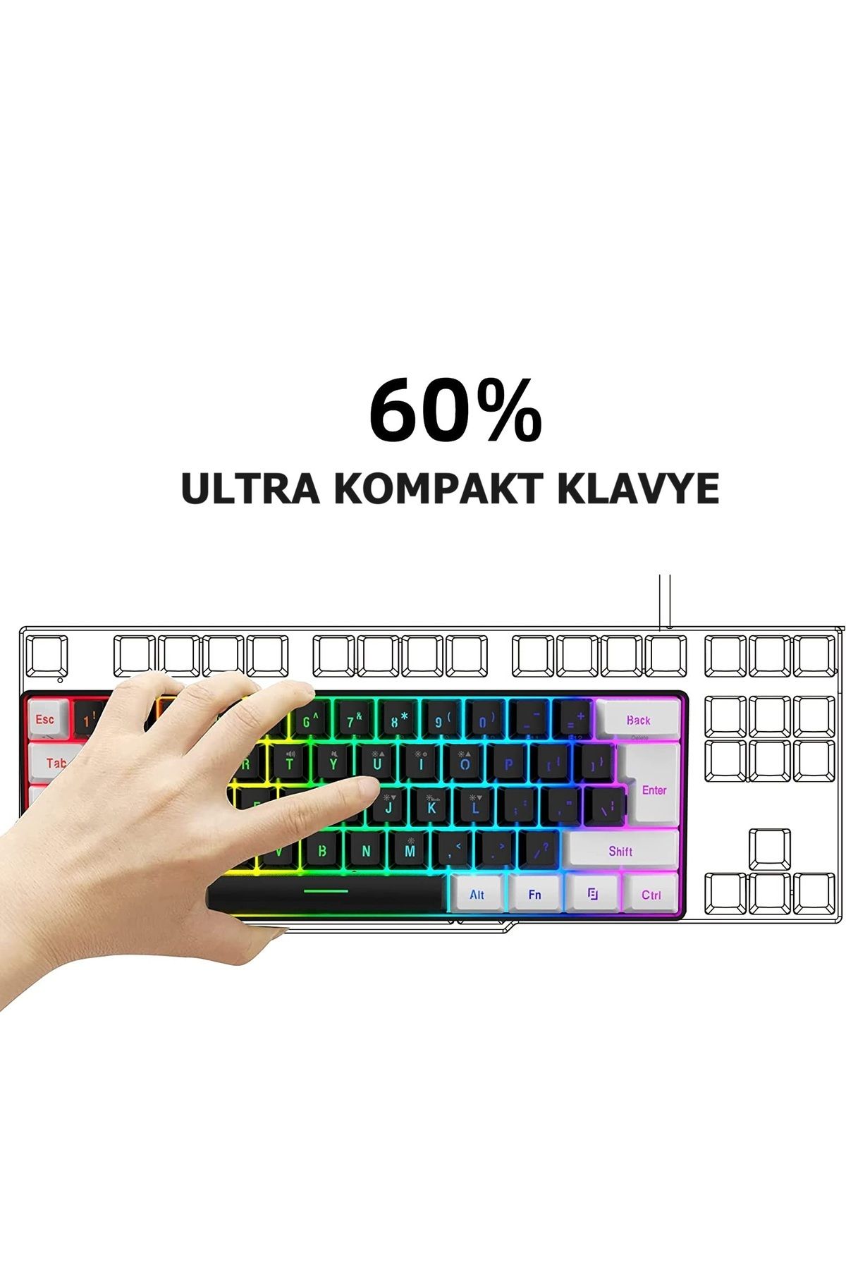 beboncool LVN K620 %60 Kompakt Rainbow RGB Hot Swap AntiGhost Mekanik Oyuncu Klavyesi-Kırmızı Switch