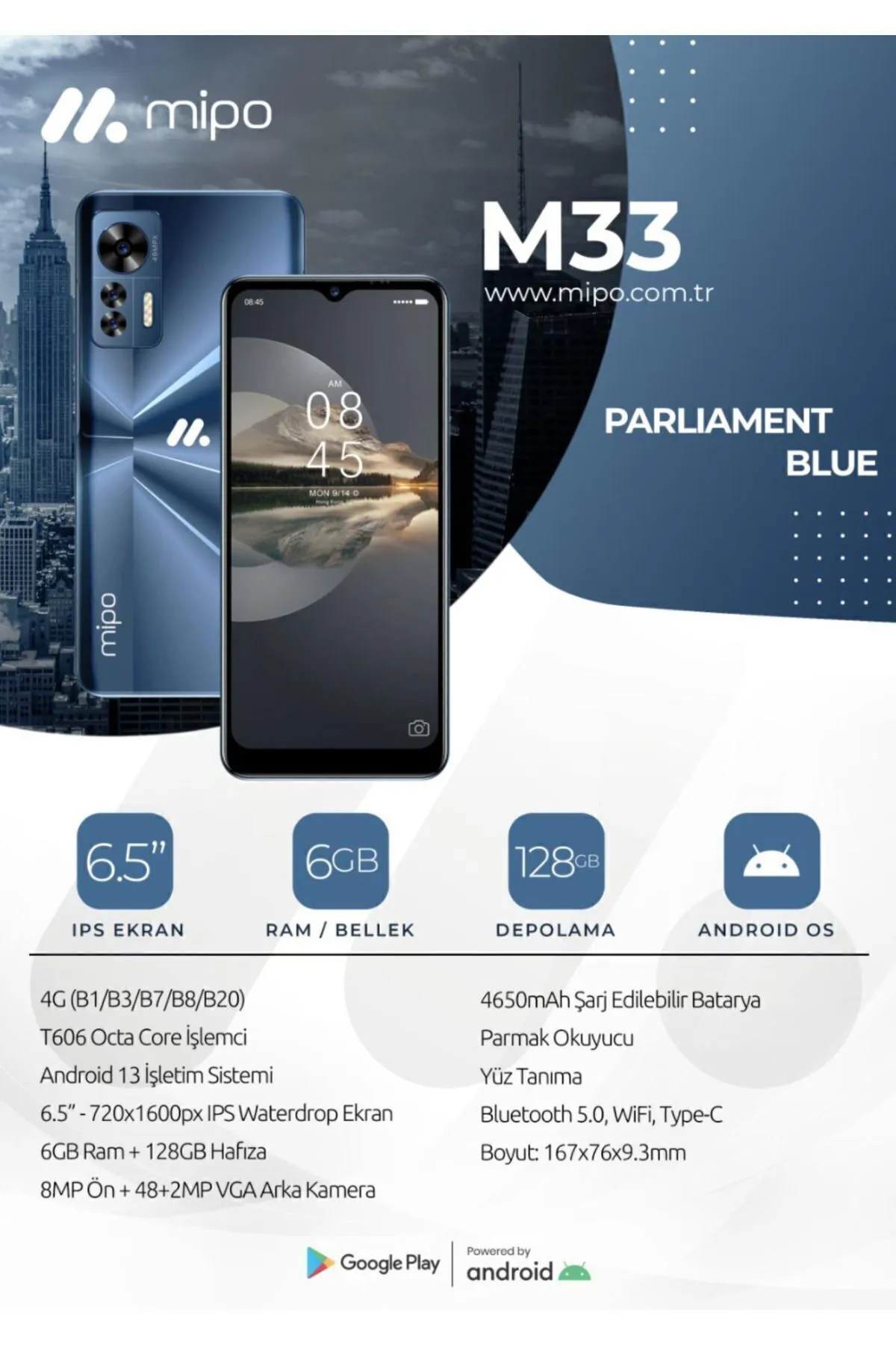 Mipo M33 6.5 Ekran Akıllı Cep Telefonu 6gb Ram 128gb Daihili Hafıza 48mp Arka 8mp Ön Kamera