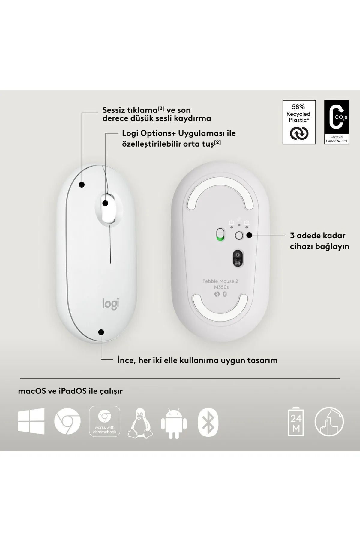 TEKNOMATİK M350 PEBBLE MOUSE 2.4GHZ USB WİRELESS VE BLUETOOTHLU SESSİZ