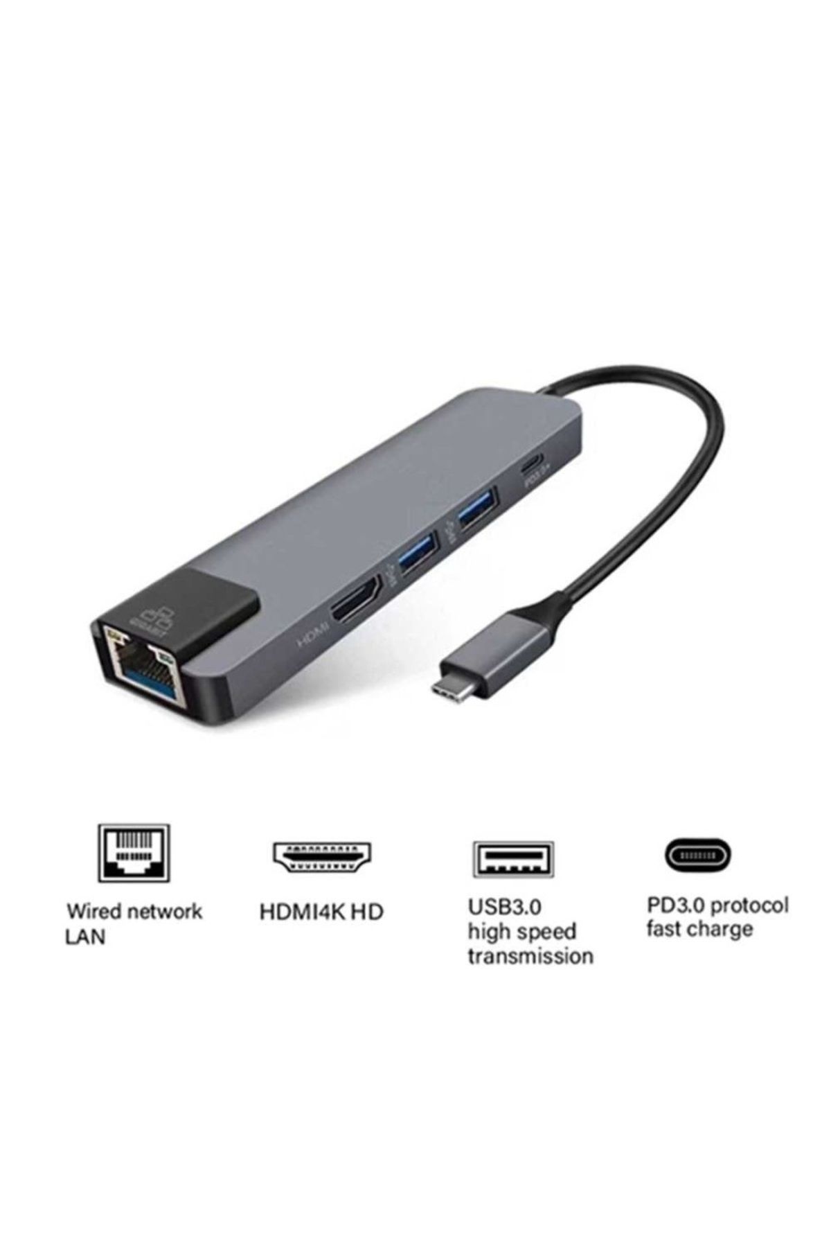 GameFire Macbook Uyumlu Usb Type-c 4k Hdmi / Ethernet 5in1  Çevirici Çoklayıcı Hub