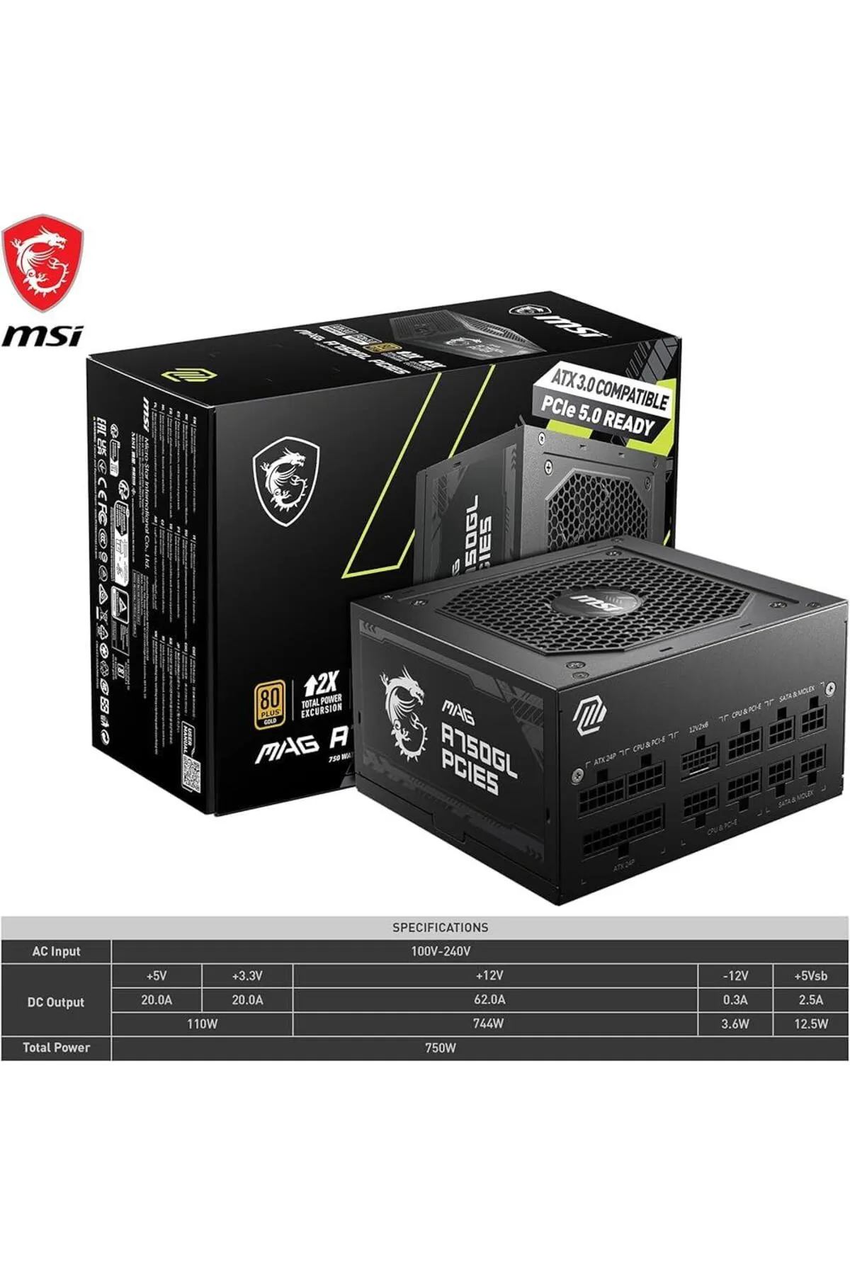 MSI Mag A750gl Pcıe5 750w 80 306-7zp8b11-ceo Gold Power