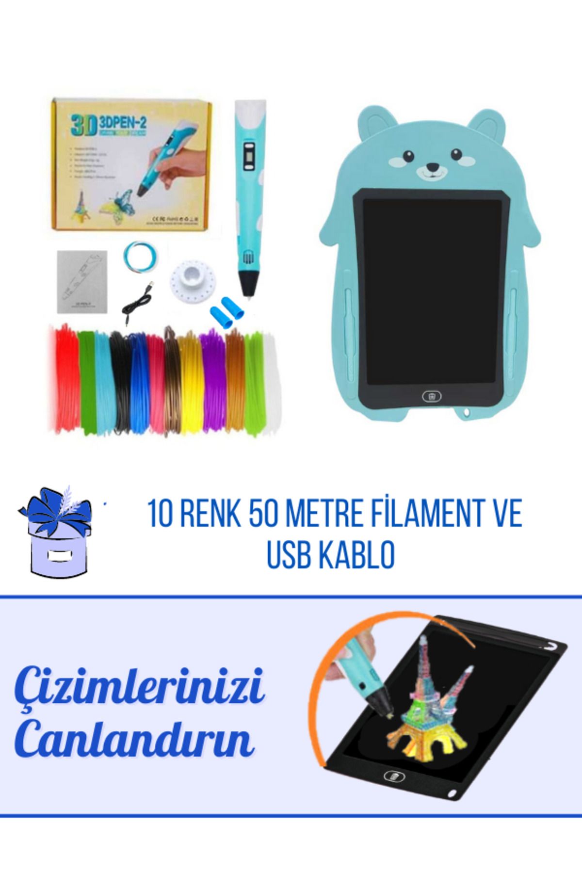 ORH Mavi Panda Grafik Tablet Ve 3d Kalem 3d Pen Usb Kablolu Üç Boyutlu Yazıcı Kalem Printer Set - Mavi